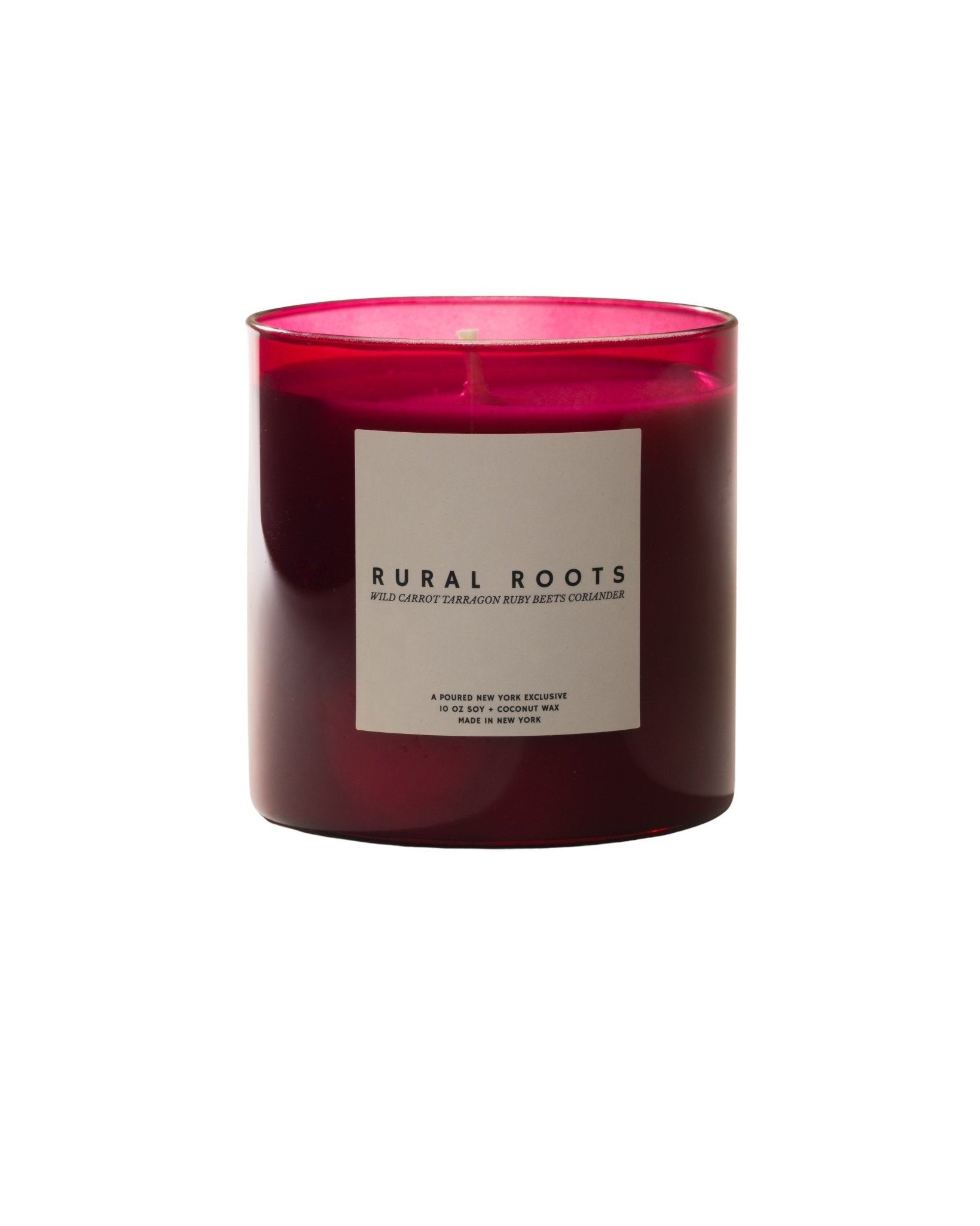 Poured New York 'Rural Roots' candle in beet red with a matching colored candle box with a beet and carrot icon on a neutral background.
