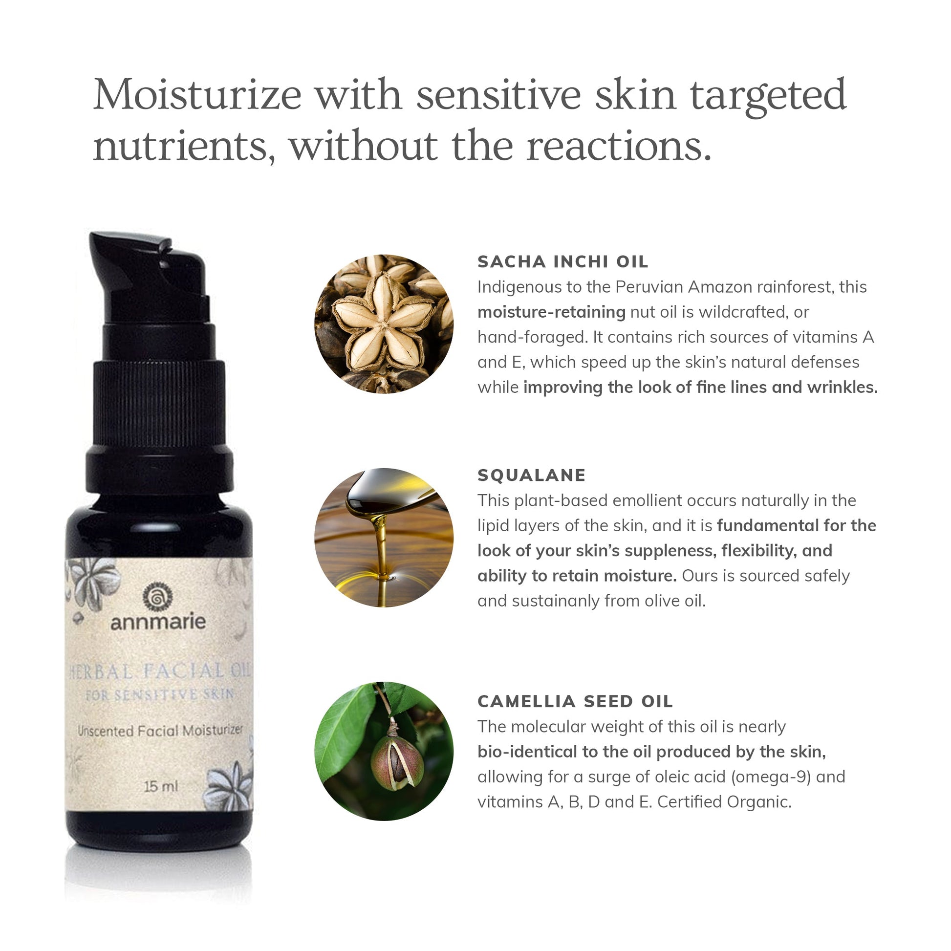 Herbal Facial Oil for Sensitive Skin ingredient graphic highlighting sacha inchi oil, squalane, and camellia seed oil benefits.