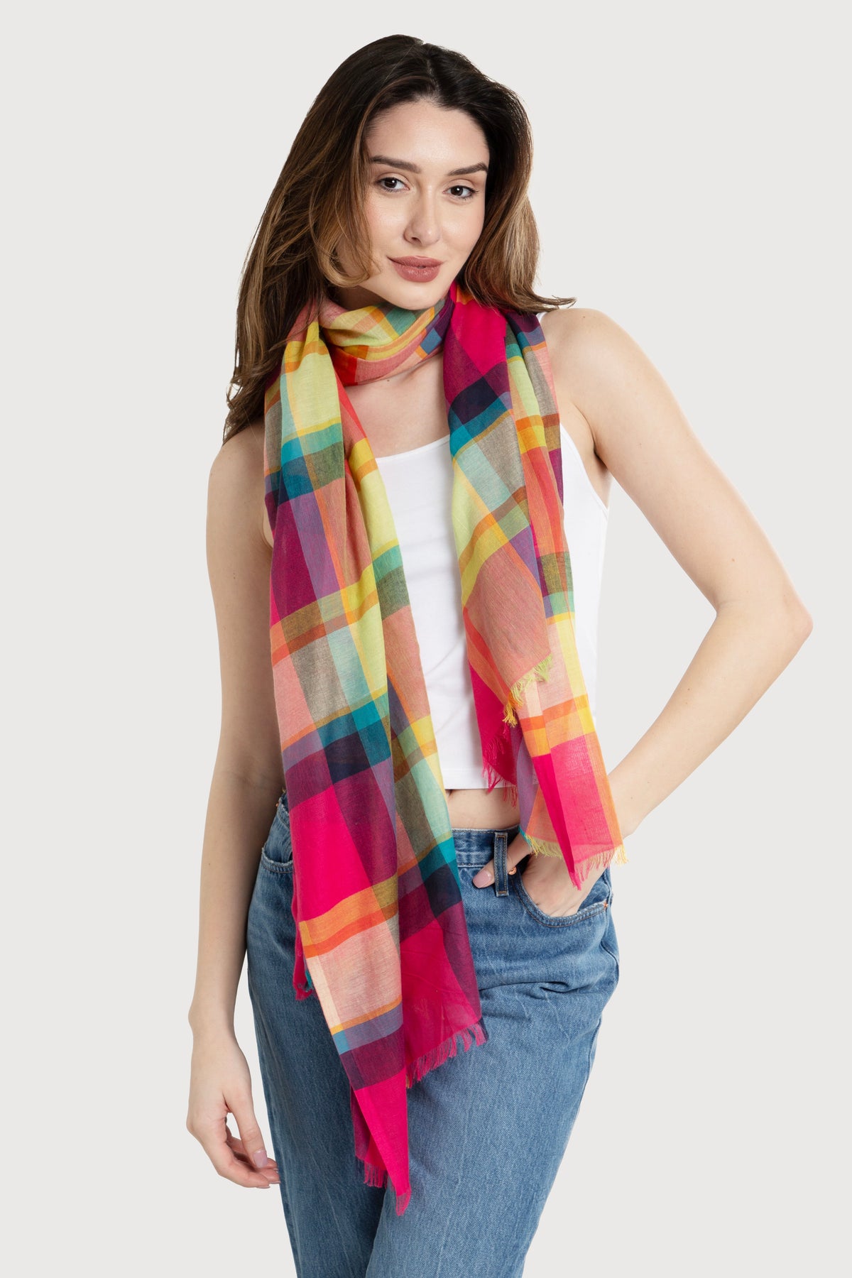 Rainbow Plaid Cotton Scarf - Fuchsia