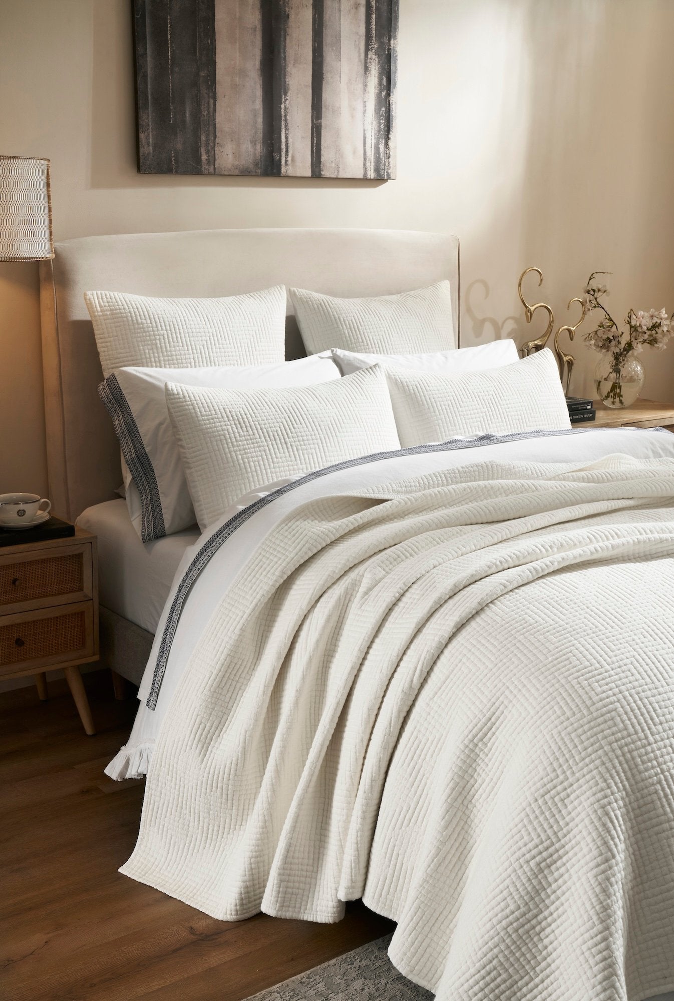 CL-199-9496_3|Detailed view of a white quilted coverlet featuring a sophisticated herringbone pattern, adding elegance to any bed.