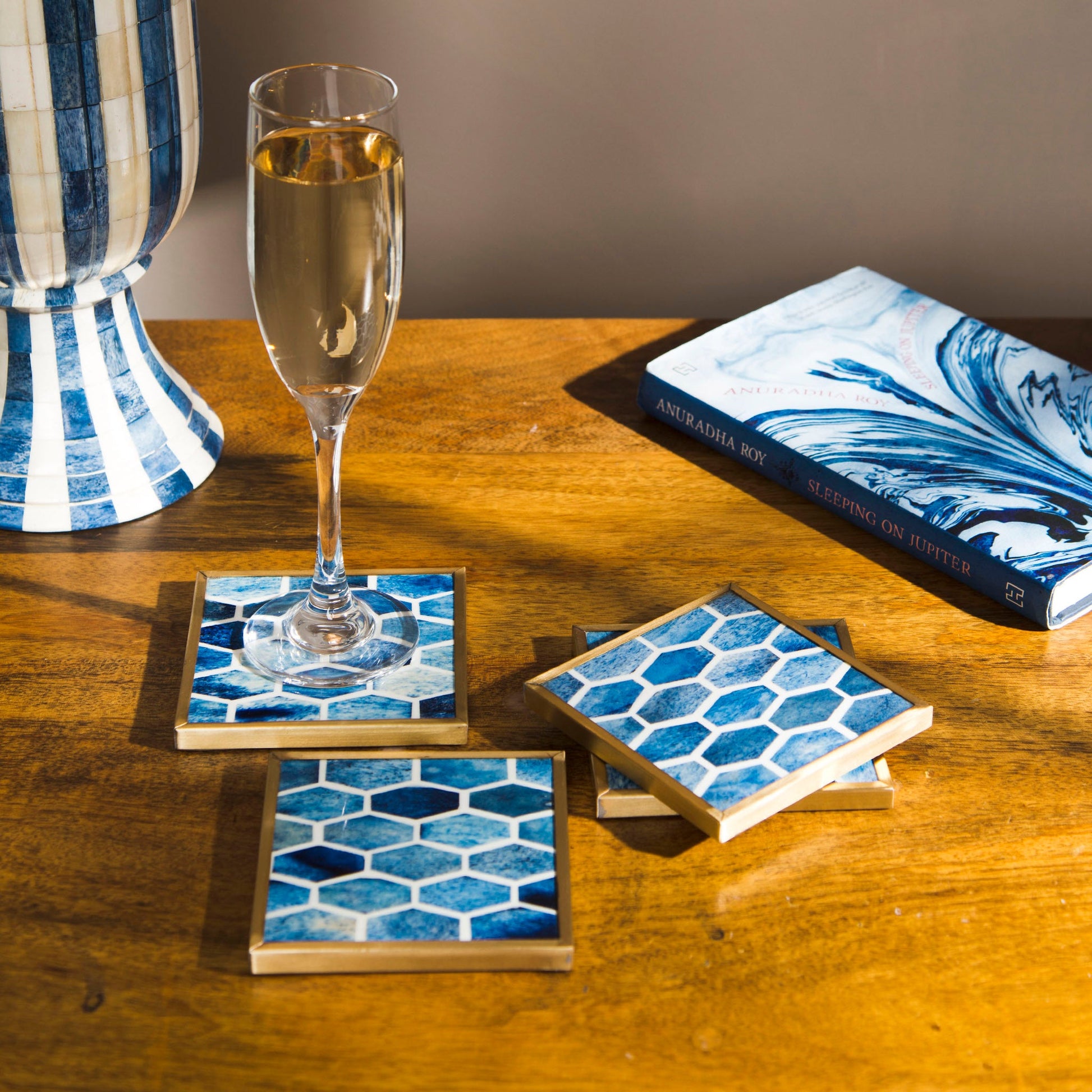 Mela Artisans Gramercy Set of 4 Resin Coasters with Brass Trim in Deep Blue