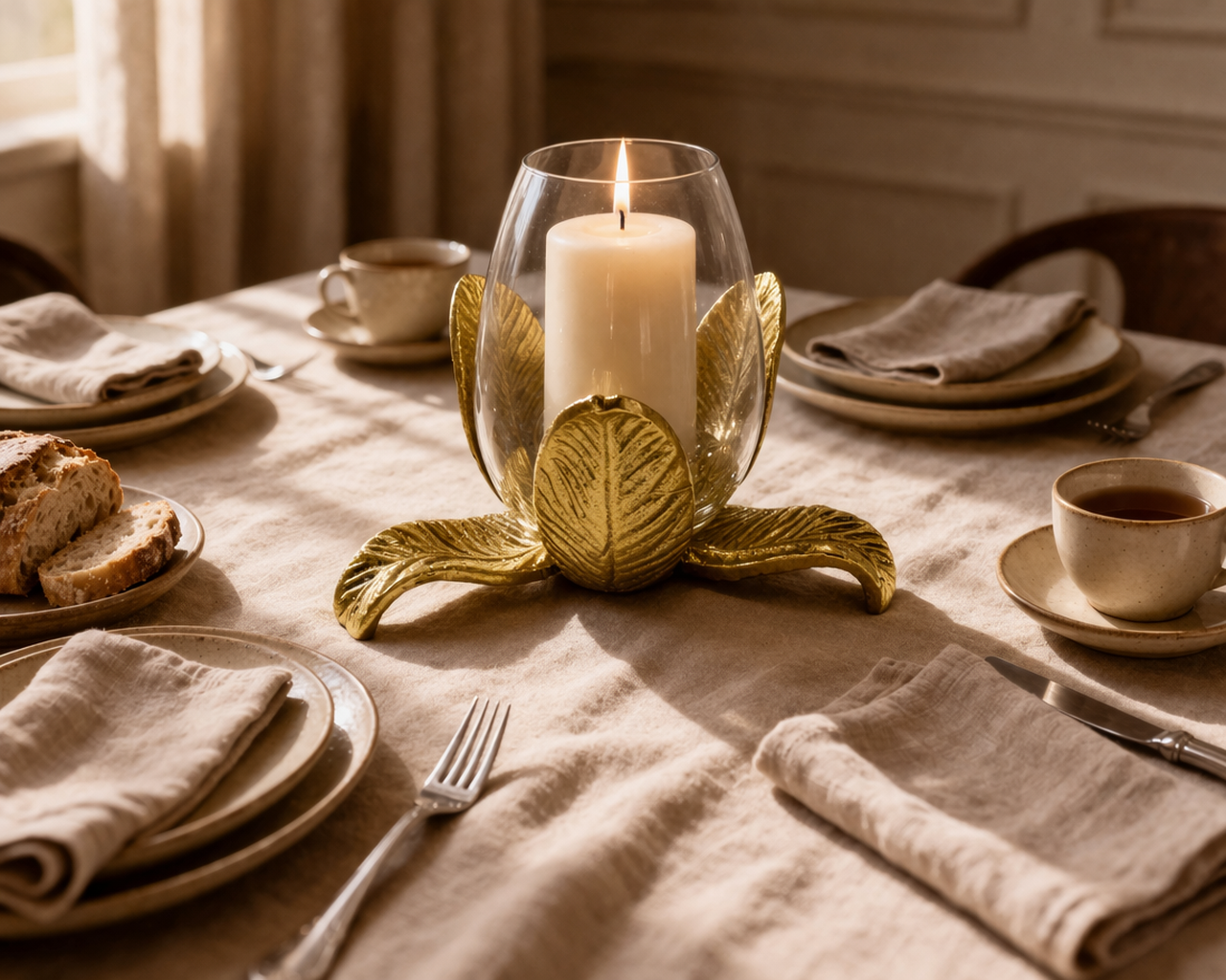 Candle in a decorative holder on a table with plates, cups, and cutlery.
