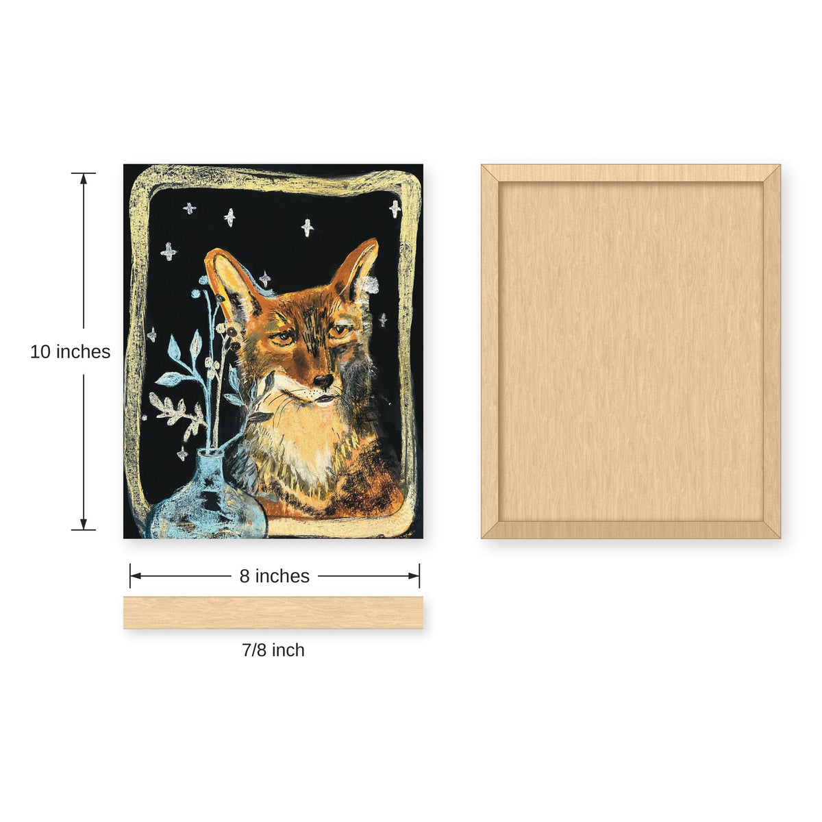 Fox with the Vase fox looking into the window art print, 8x10 size guide with front, back and side dimensions