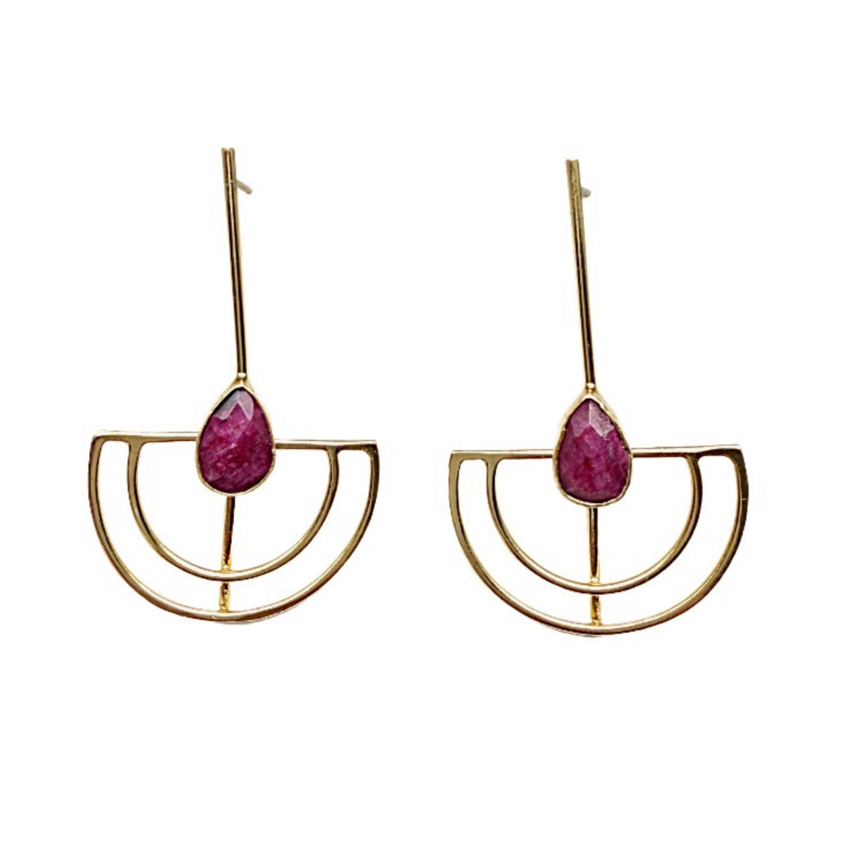 Gold-plated artisanal sustainable contemporary long geometric earrings with Ruby on white stone surface