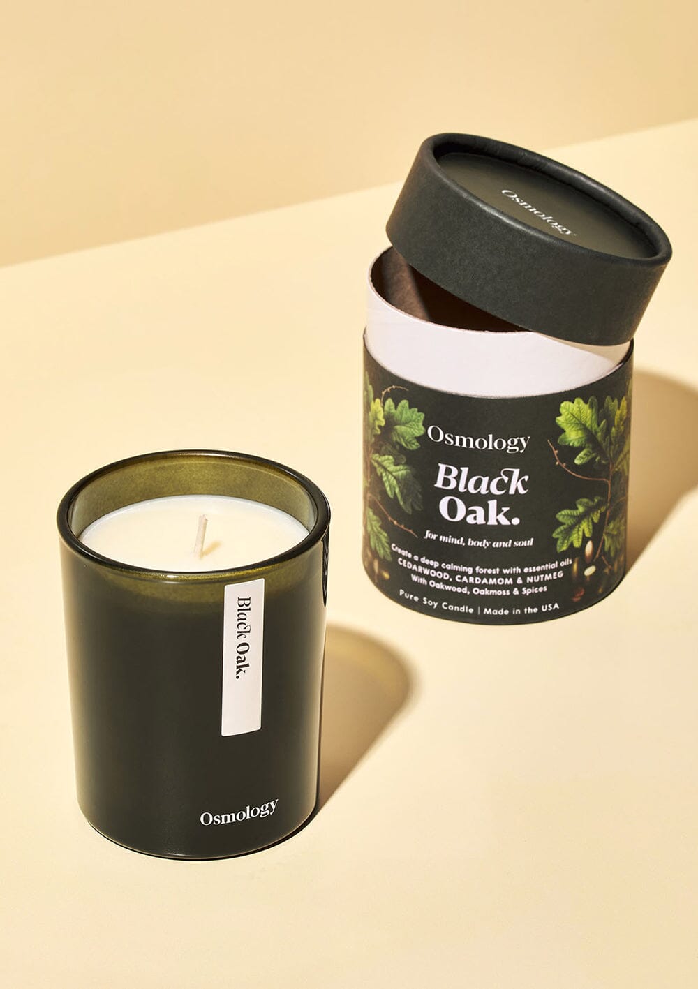Osmology Black Oak candle displayed with decorative product packaging on white background