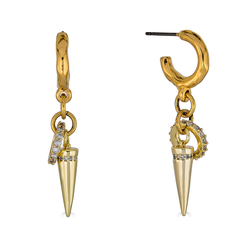 Gold hoop earrings with pavé ring and pointed spike charm dangling from hammered hoops