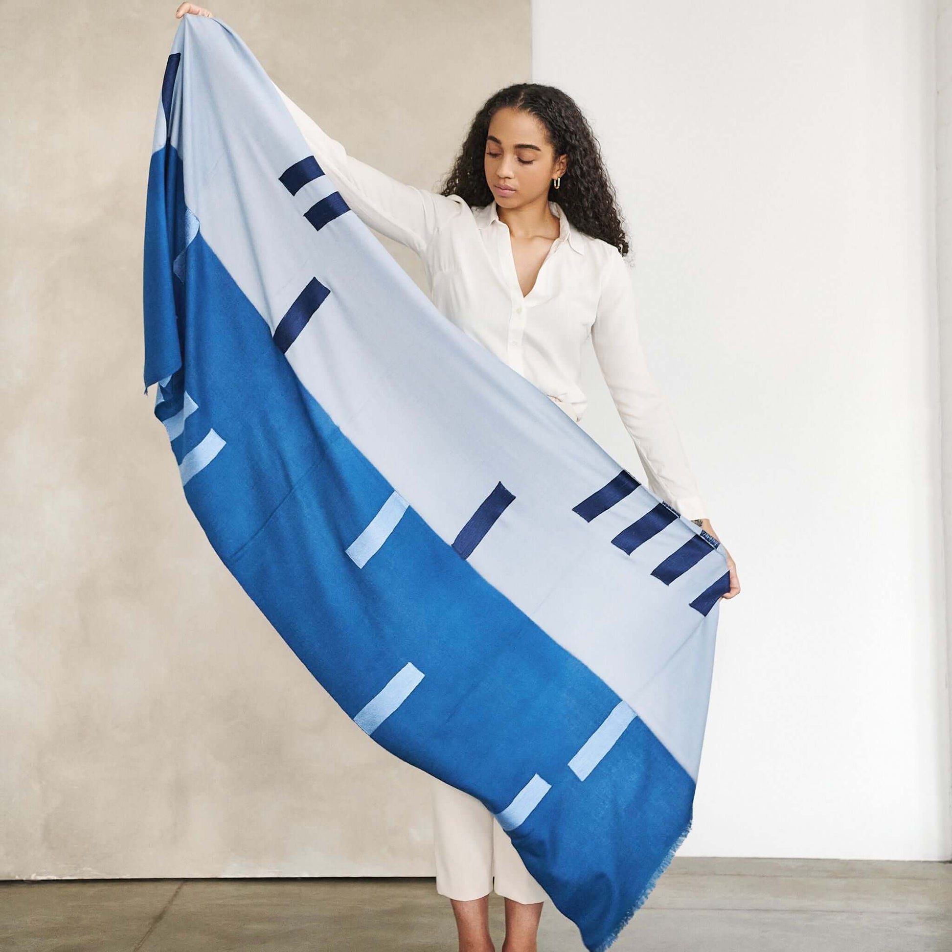 Harbor Blue Silk Merino Hand Woven Hand Embroidered Modern Artisanal Scarf displayed by a model