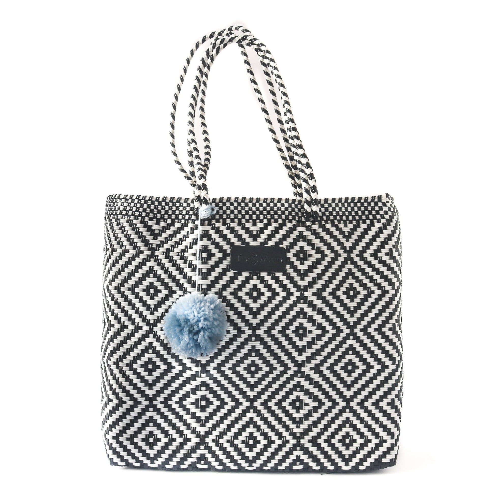 Greca Woven Tote with detachable nylon pouch - black & white beach tote - Tin Marin Brand - Cute beach totes - beach bags - woven bags - waterproof bags