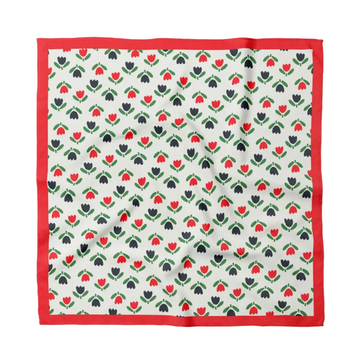 red and black tulip pattern bandana on white background