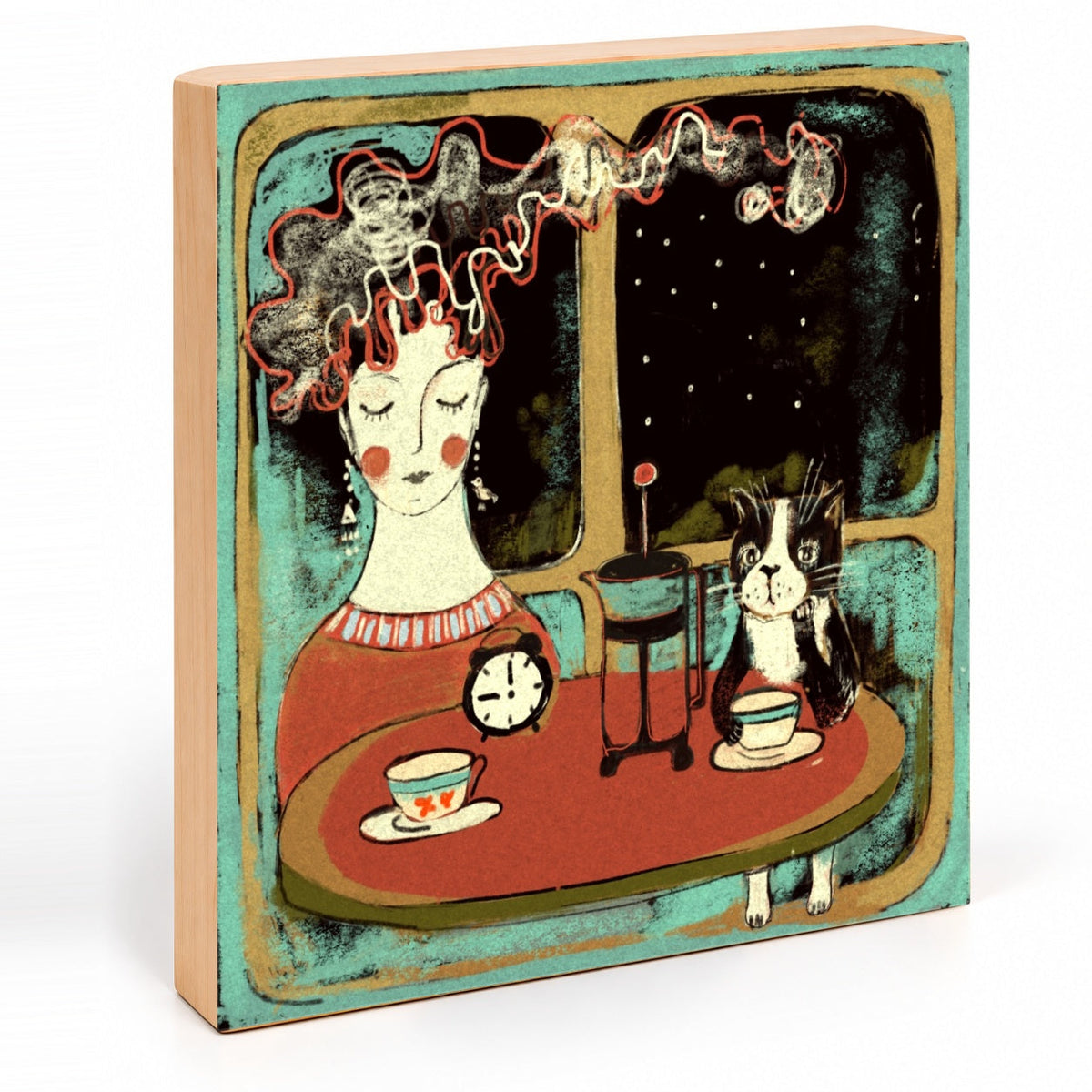 Coffee with Cat night scene art print, angled view showing the 7/8-inch deep gesso board and natural wood side