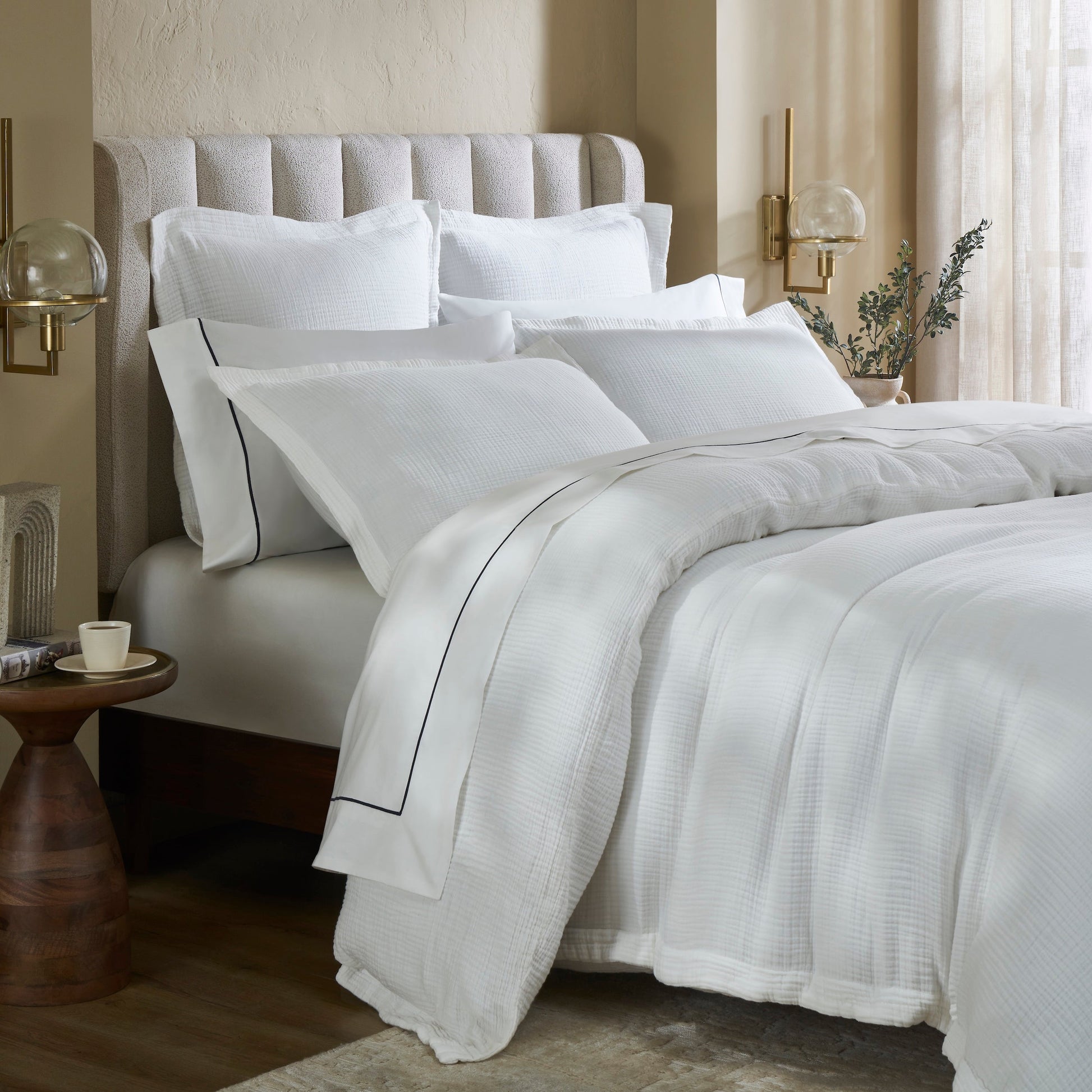 DT-048-10692_4|Luxurious white textured gauze duvet cover and matching shams, perfect for a serene modern bedroom setting. Crisp cotton bedding.