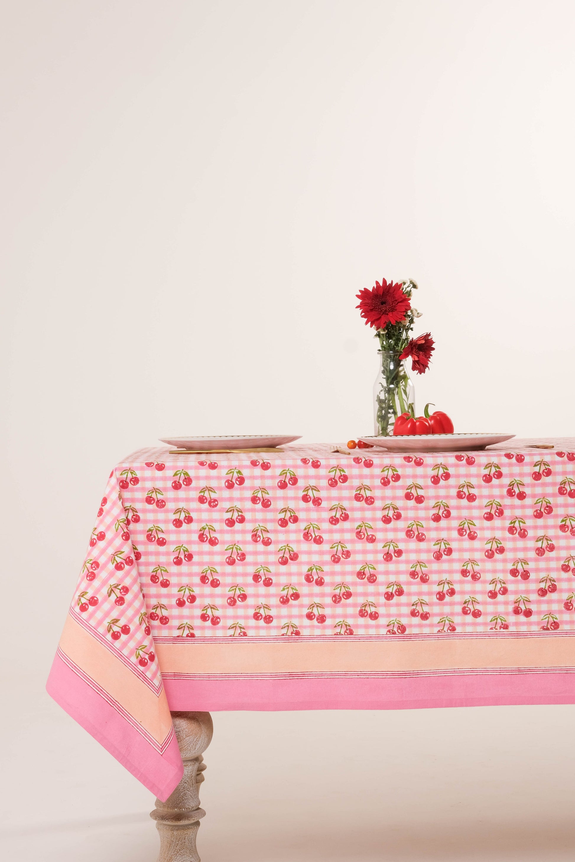 Cherry blockprint red gingham tablecloth with minimal decor