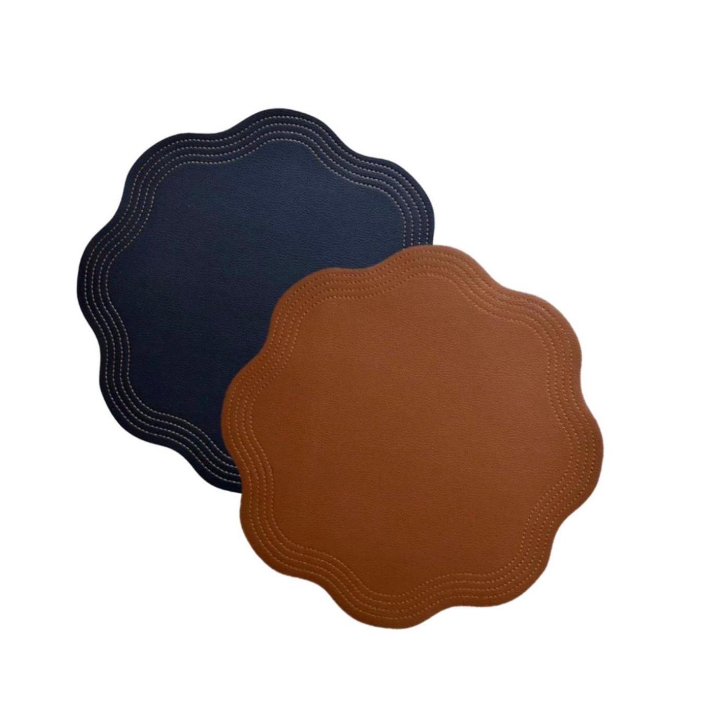 Double-sided reversible faux leather placemat in navy and brown by Talah Home — modern wipeable table decor