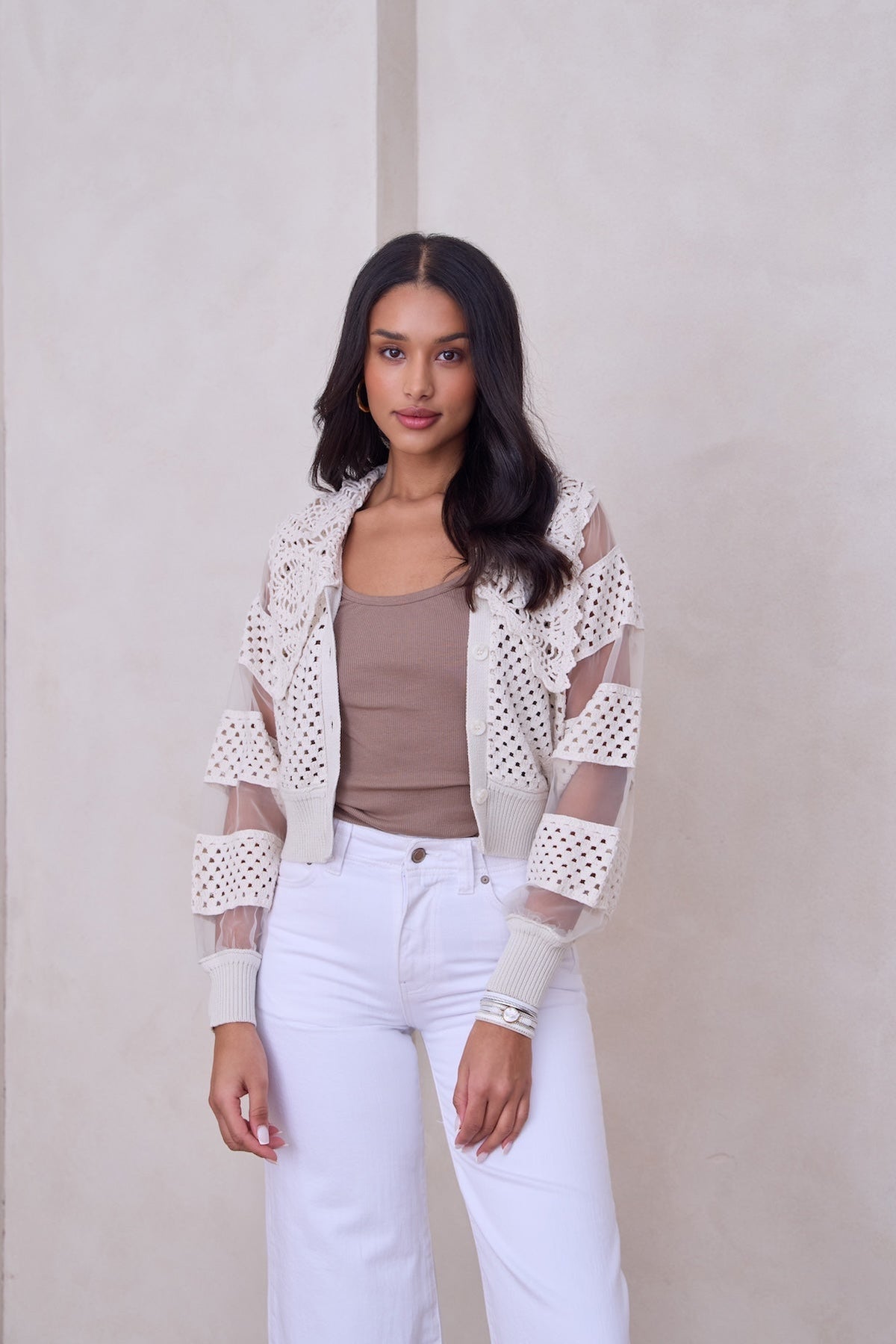 Hand Crochet Sheer Button Cardigan - Ivory