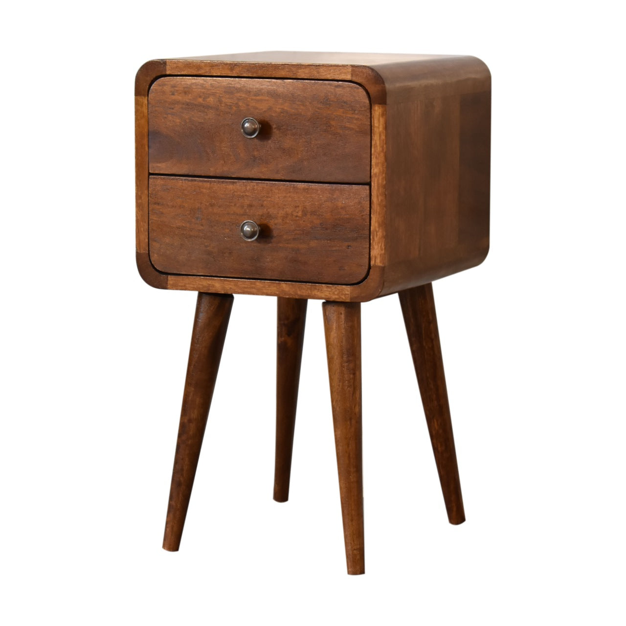 Solid Wood Mini Chestnut Curved nightstand, 2-Drawers, Brown