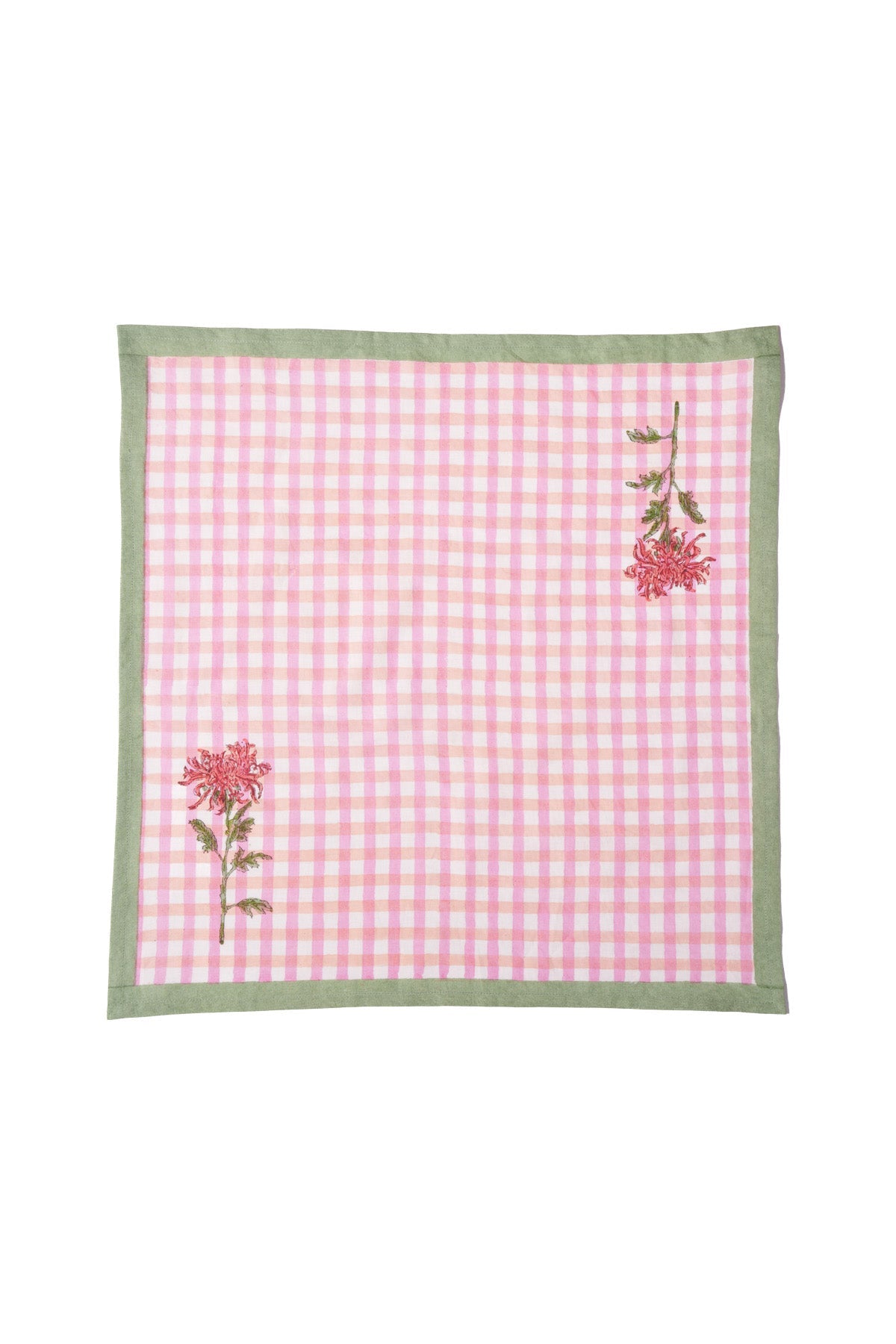 Pink gingham dahlia napkin with green border by Inner Child