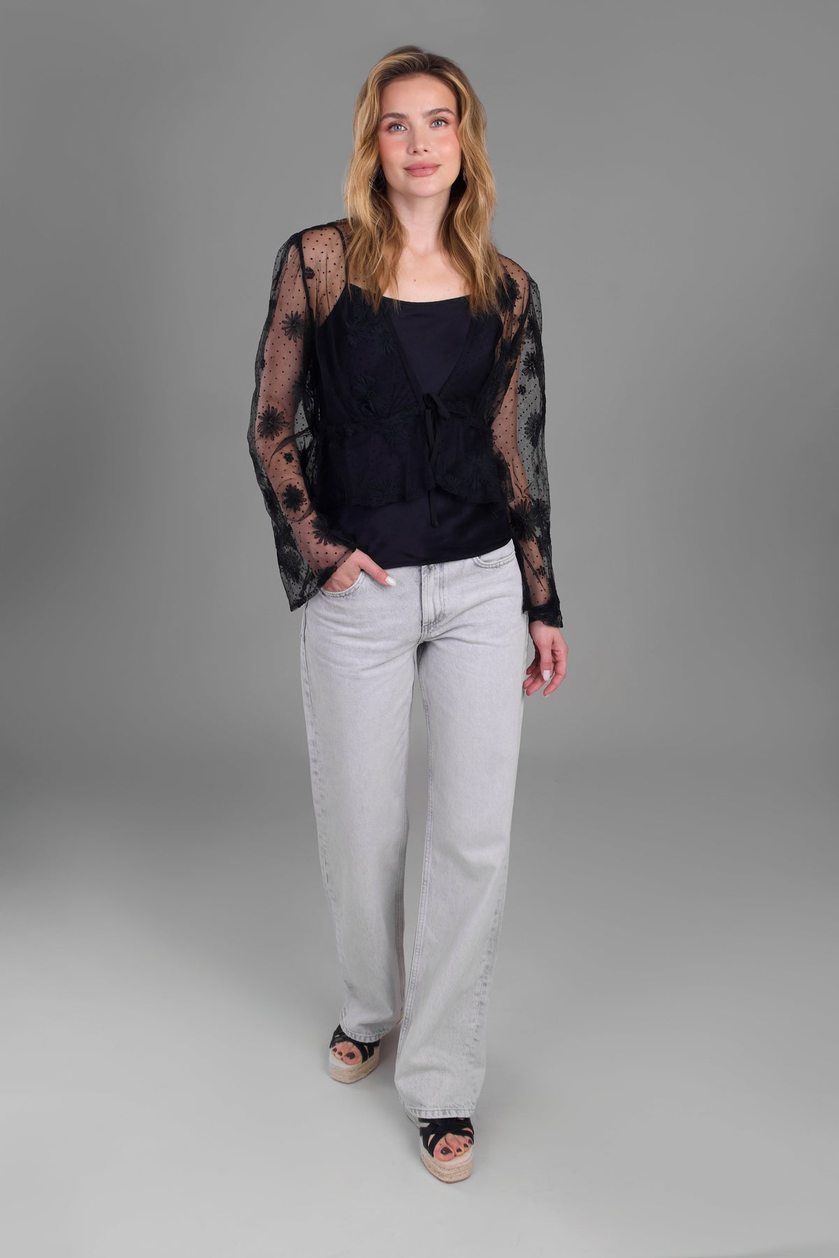 Floral Mesh Tie Top - Black