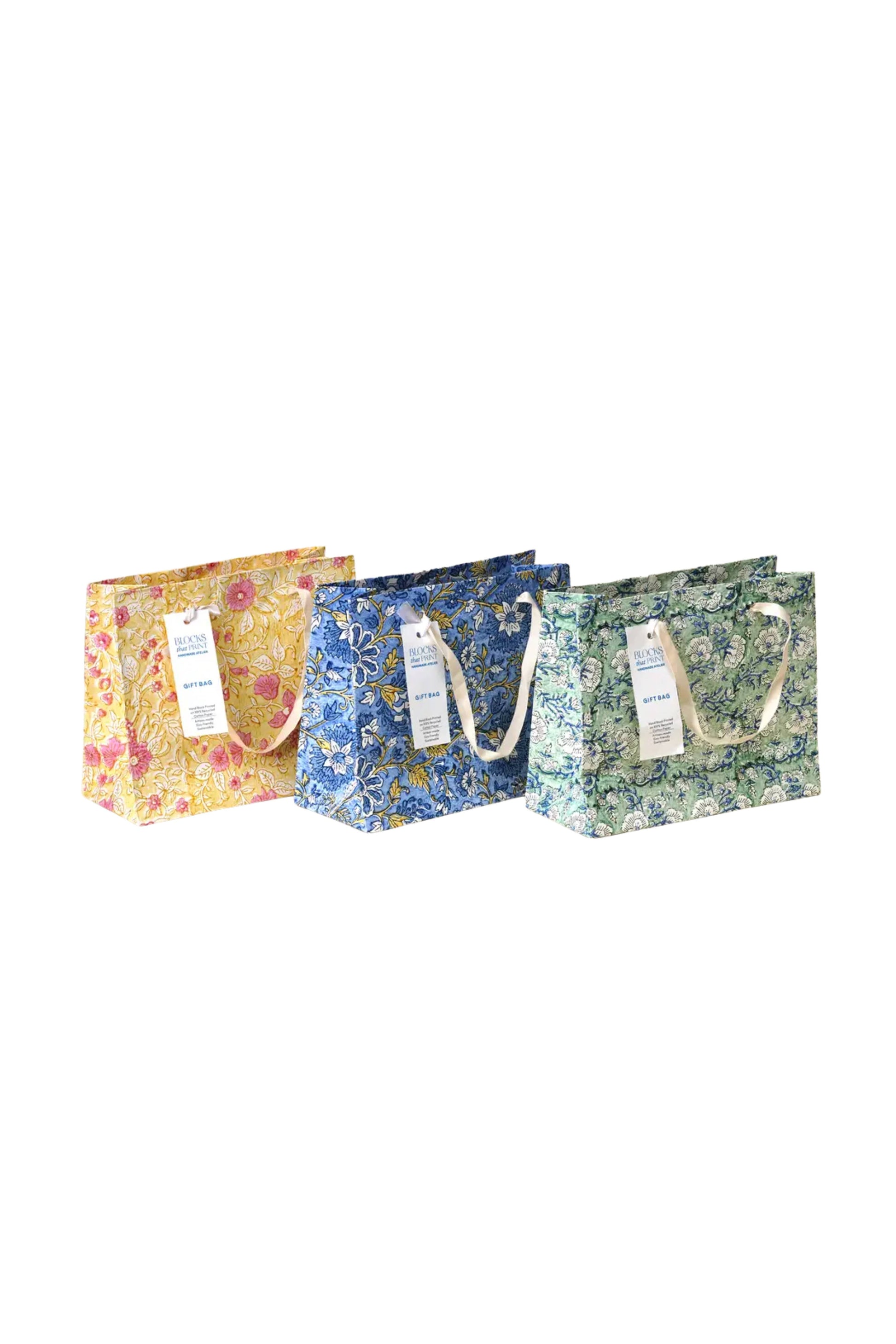 Medium (Set of 3) Hand Block Print Gift Bag- Heirloom Motifs