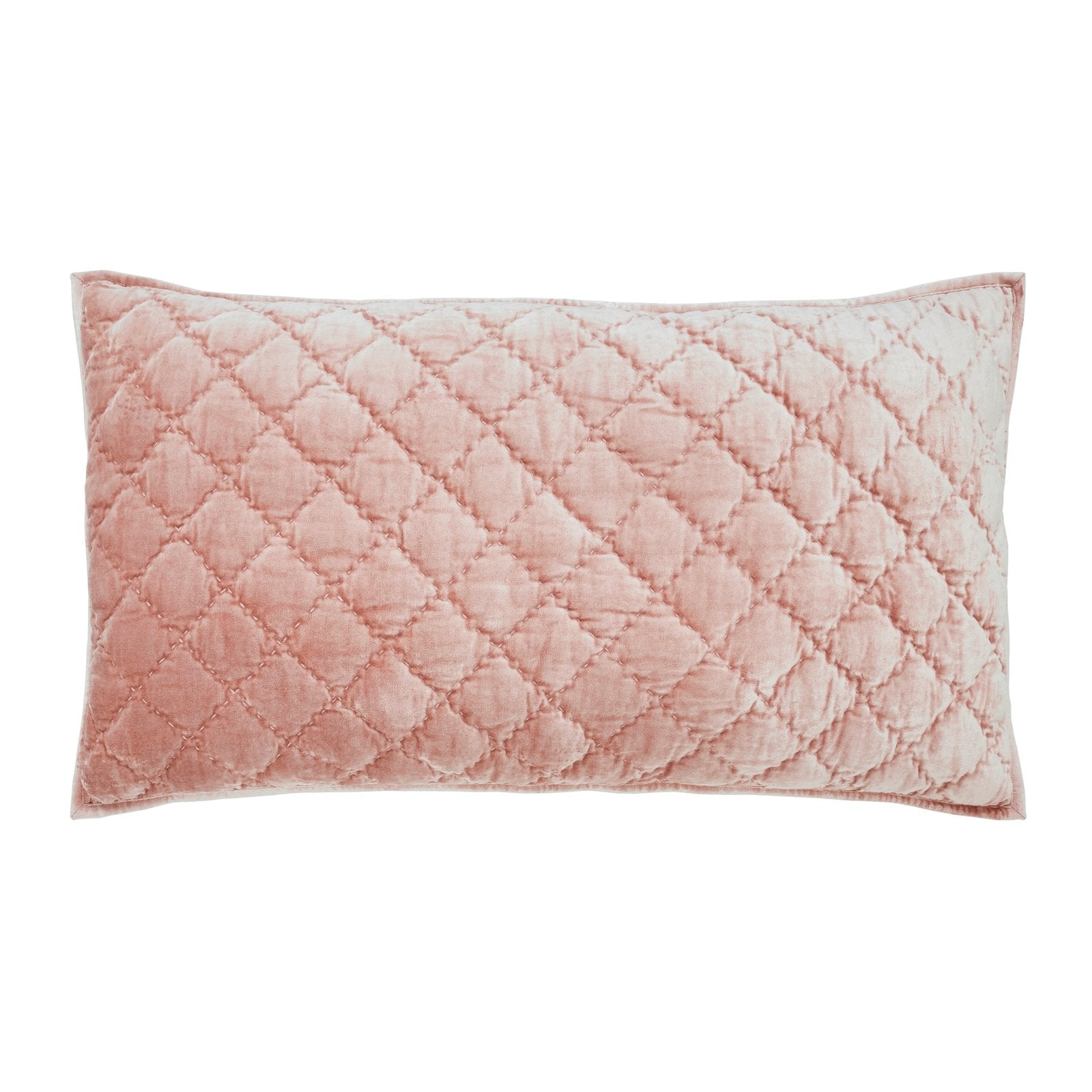 KS-355-2036-LOT1A_1|Luxurious blush pink velvet quilt featuring a beautiful diamond criss-cross stitch pattern, perfect for a cozy look.