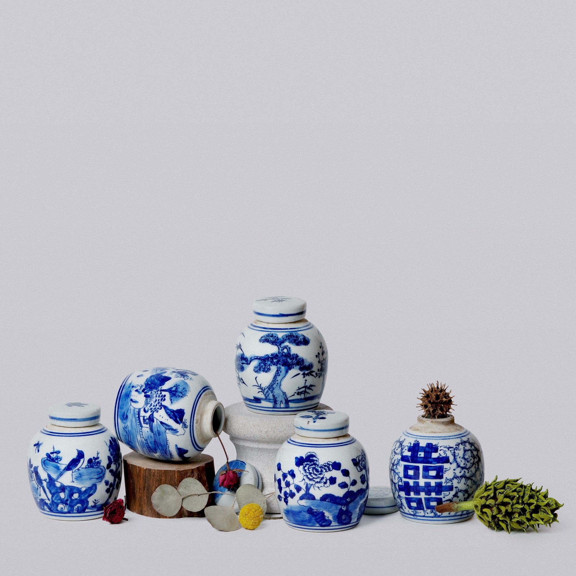 Blue and White Porcelain Mini Bird and Flower Round Jar - Thumbnail 3