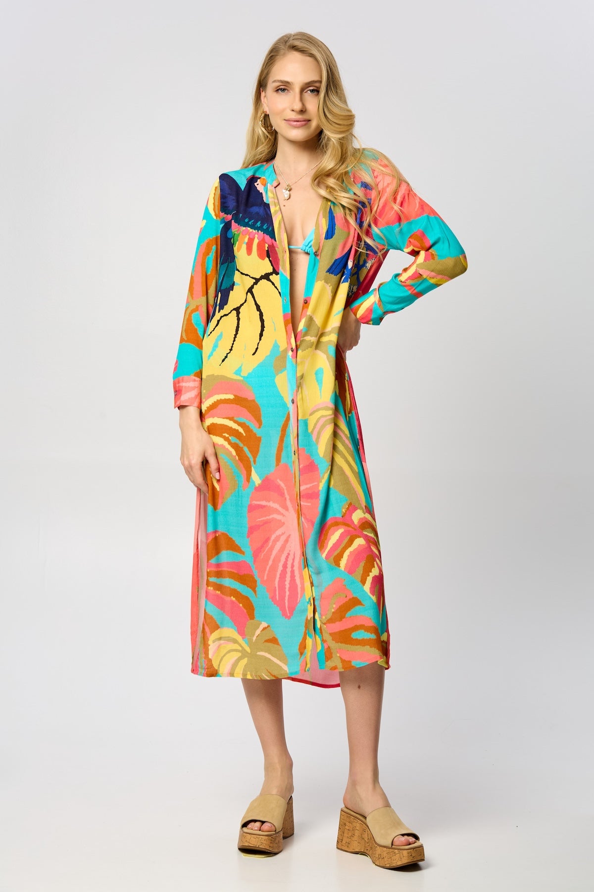 Tropical Button Long Kimono - Multi