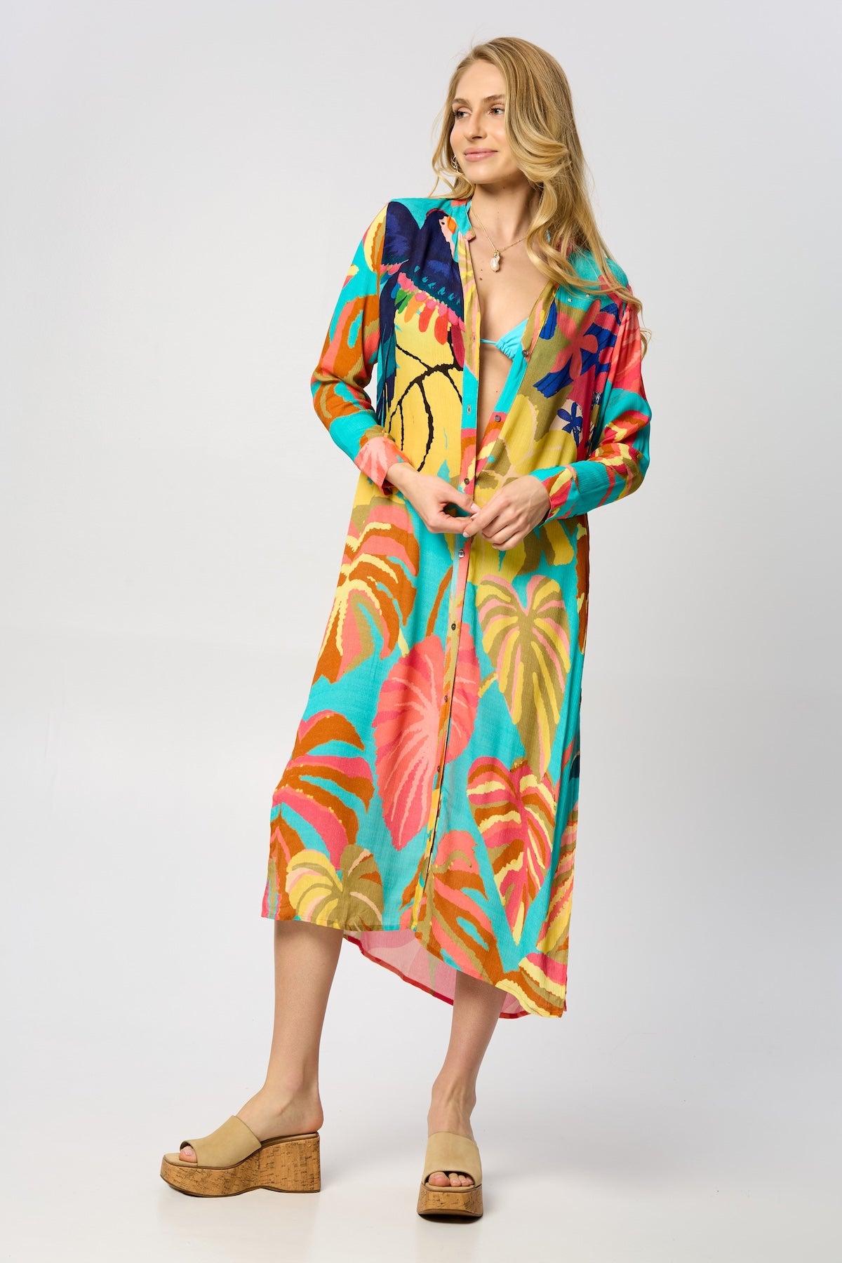Tropical Button Long Kimono - Multi