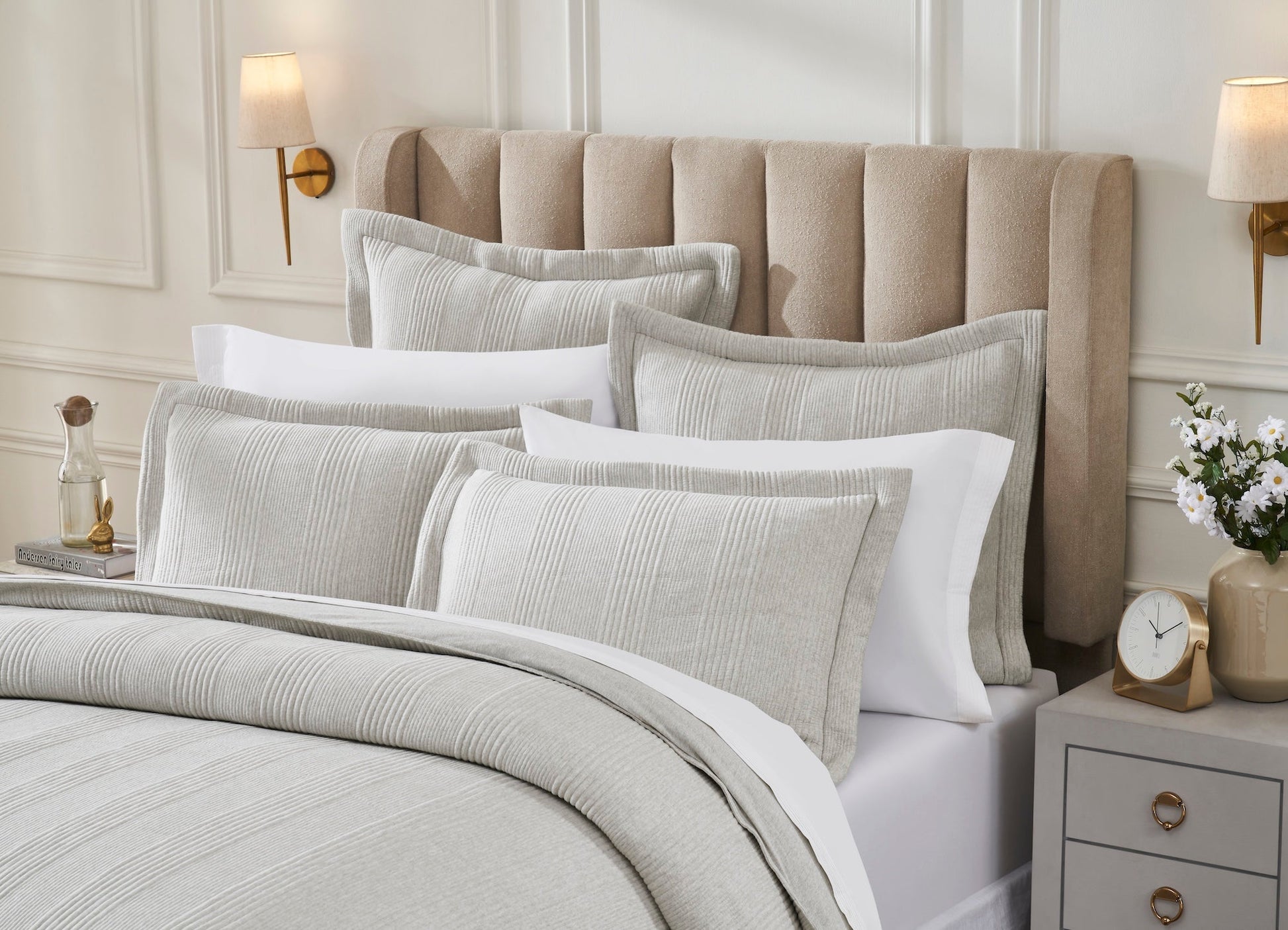 DT-044-10692_3|Close-up of elegant light grey ribbed duvet cover with matching textured shams, enhancing a modern, comfortable bedroom.