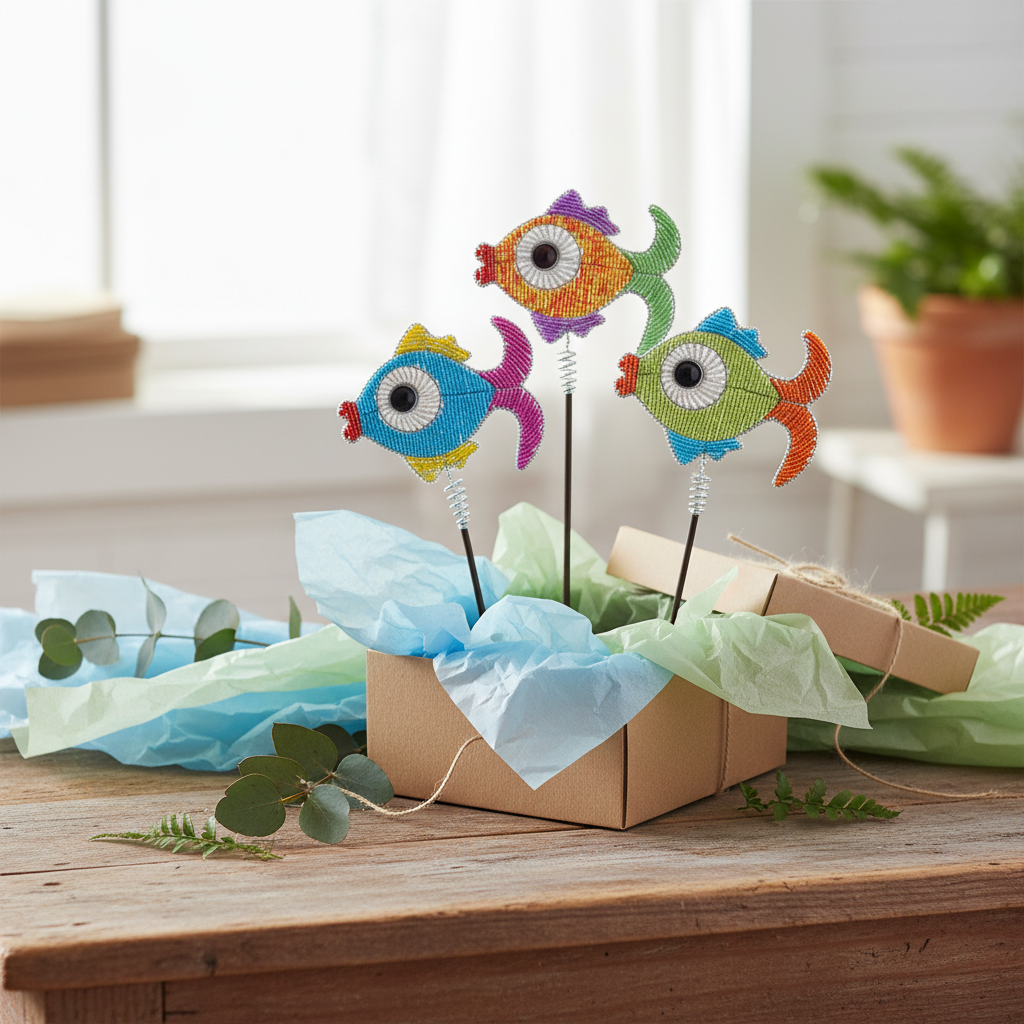 Beaded fish garden stakes as a gift on a rustic wooden table with gift wrapping – 12FSHST1