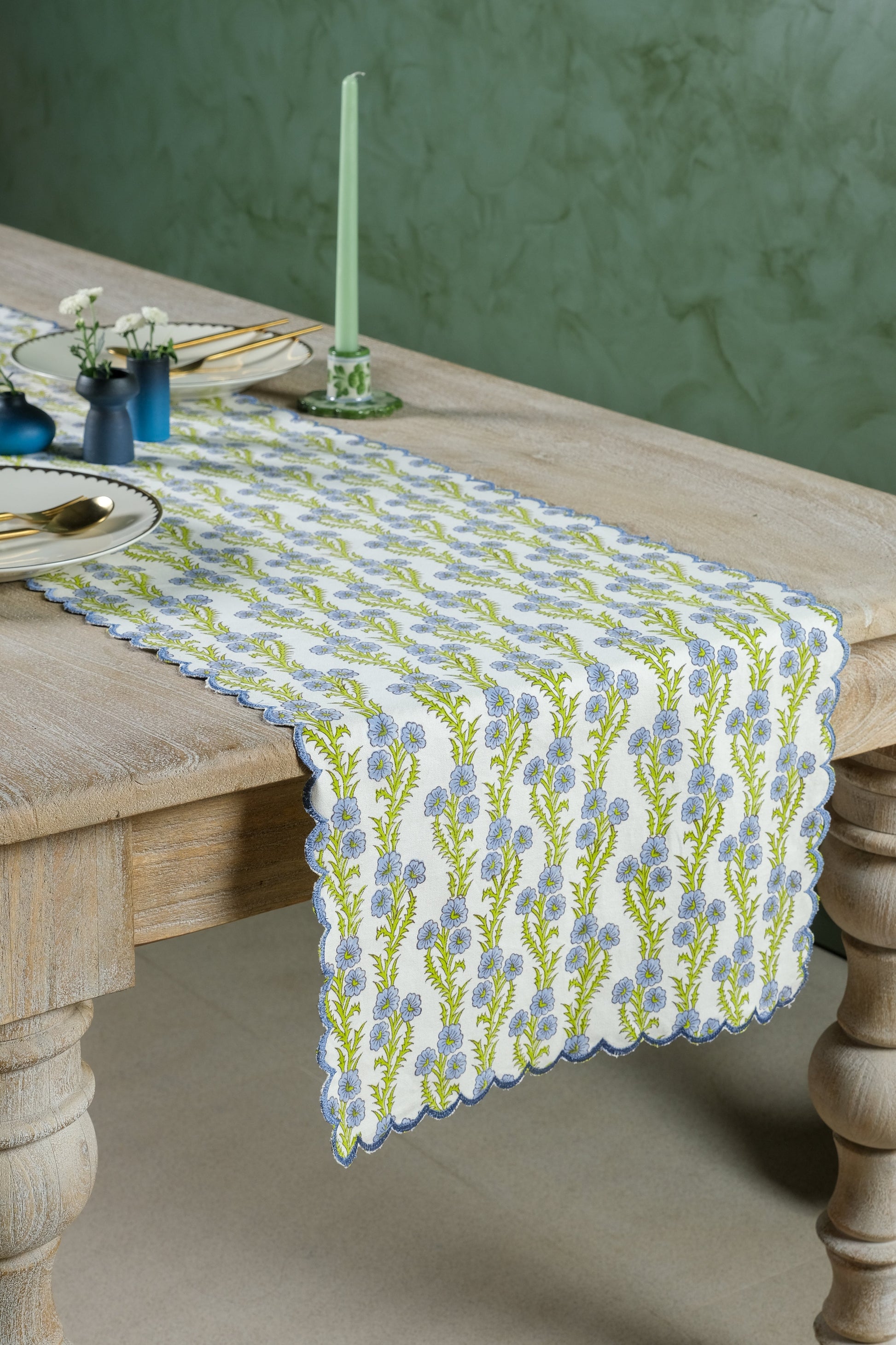 Inner Child blue forget-me-not scallop embroidered blockprint tablerunner on rustic table