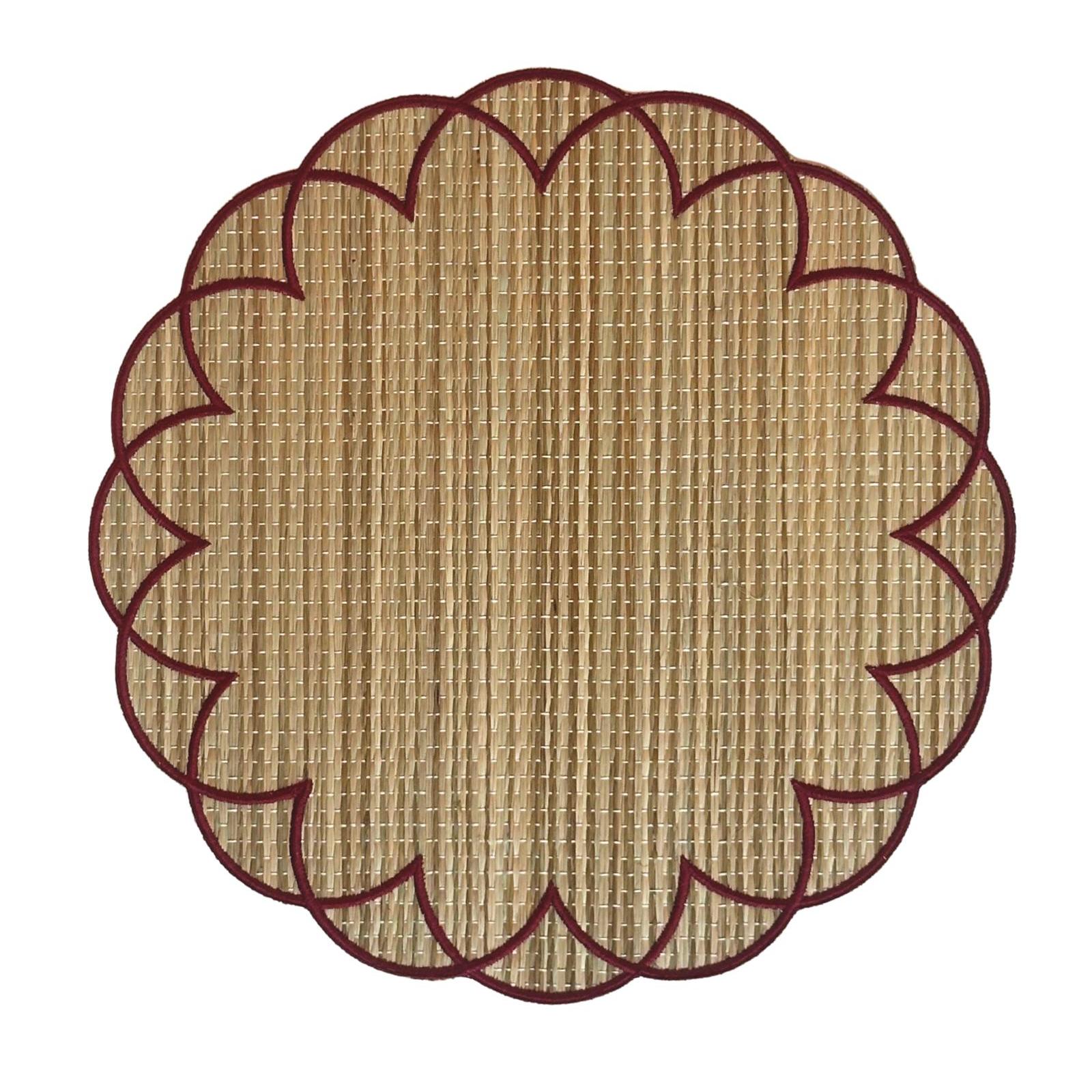 Bali straw placemat with colorful woven accents in wine by Talah Home — bohemian natural fiber table decor