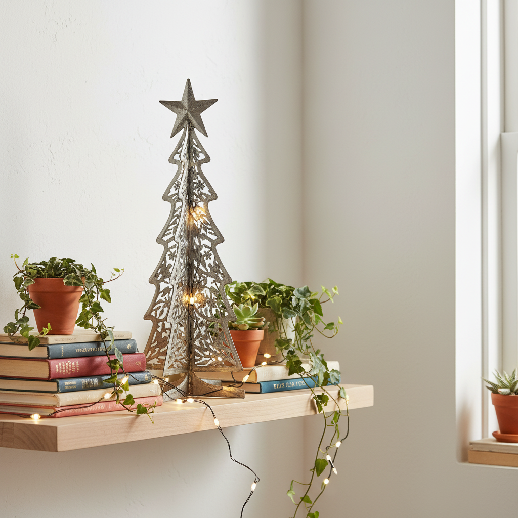 Tall 3D Christmas Tree Haitian metal art on bohemian shelf display