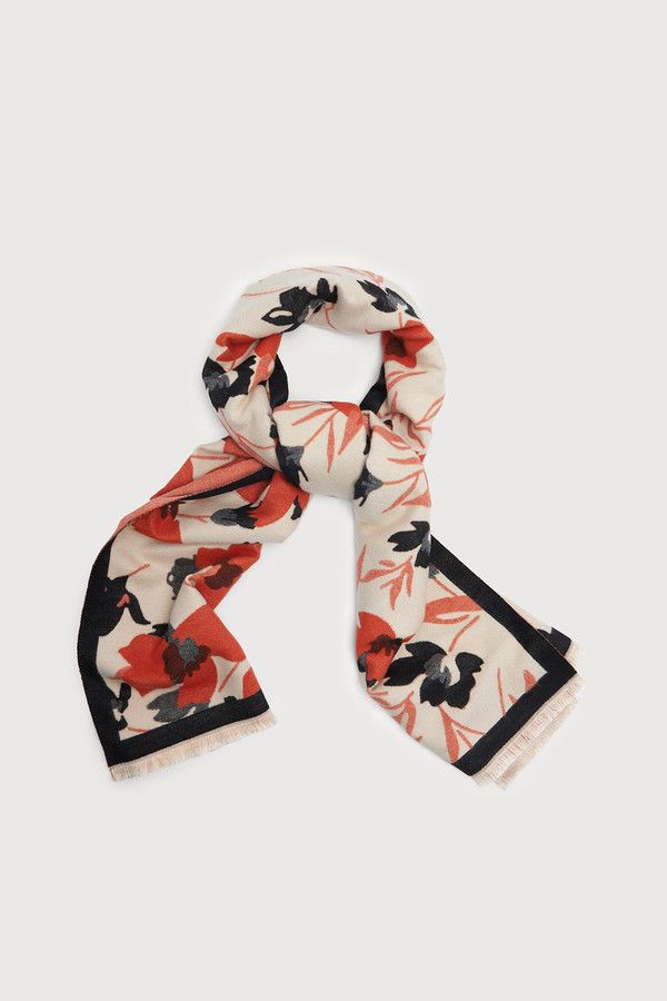 Floral Reversible Fringed Trim Scarf For Fall - Orange