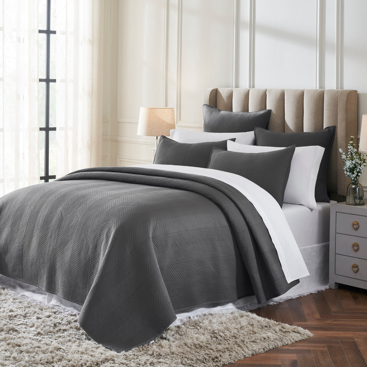 CL-263-11096_2|Chic charcoal grey quilted coverlet featuring a classic herringbone pattern, enhancing a modern and inviting bedroom.