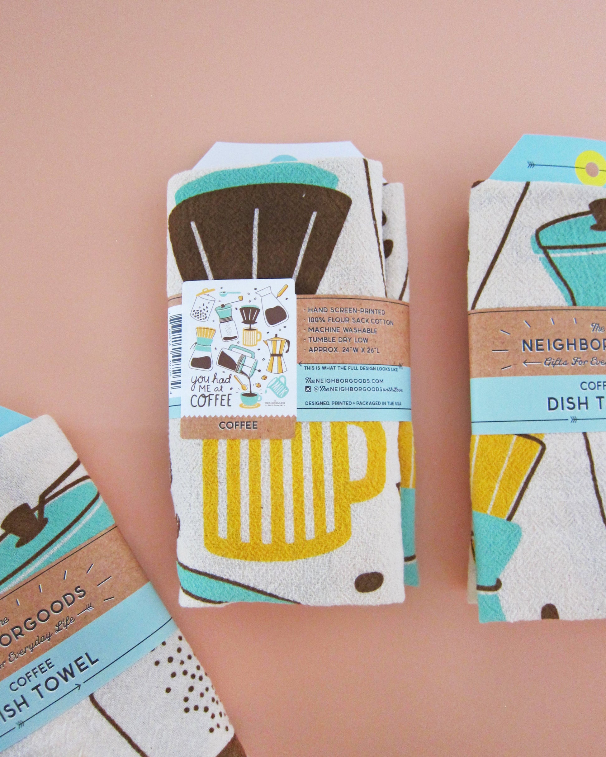 The back view of packaged coffee dish towel. 