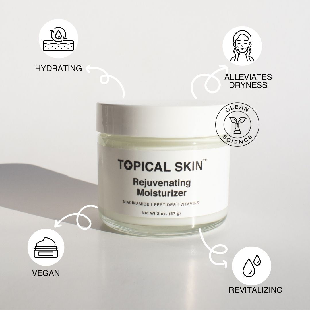 Vegan Rejuvenating Moisturizer TOPICAL SKIN in creamy white jar with niacinamide peptides and vitamins label