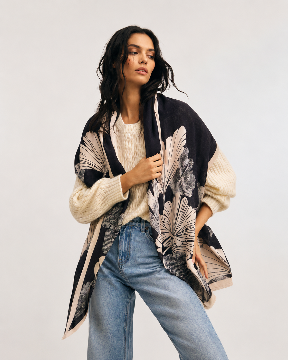 Ginkgo Botanical Reversible Scarf- Black