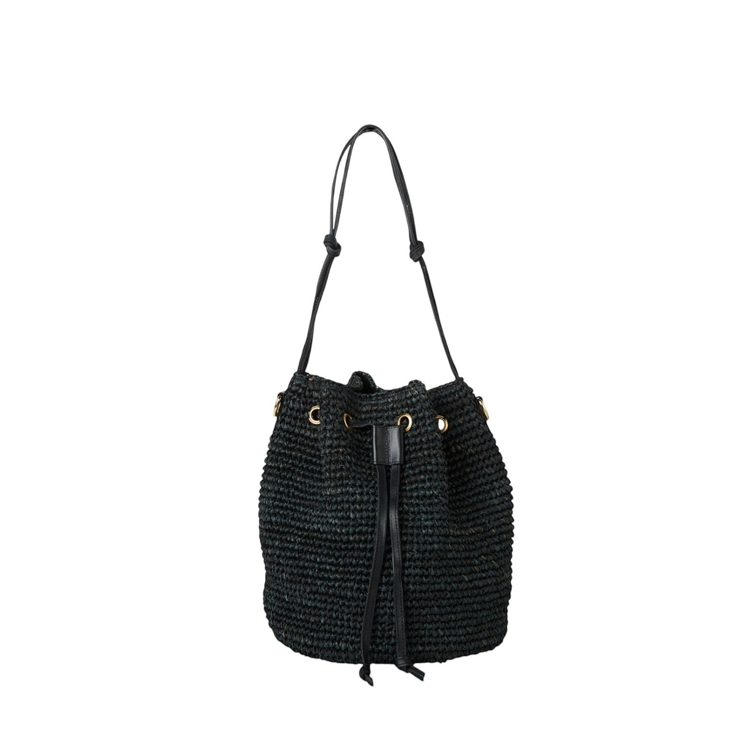 Shop Sarah Stewart black raffia bucket bag with leather drawstring and gold hardware. Includes short handle and crossbody strap.