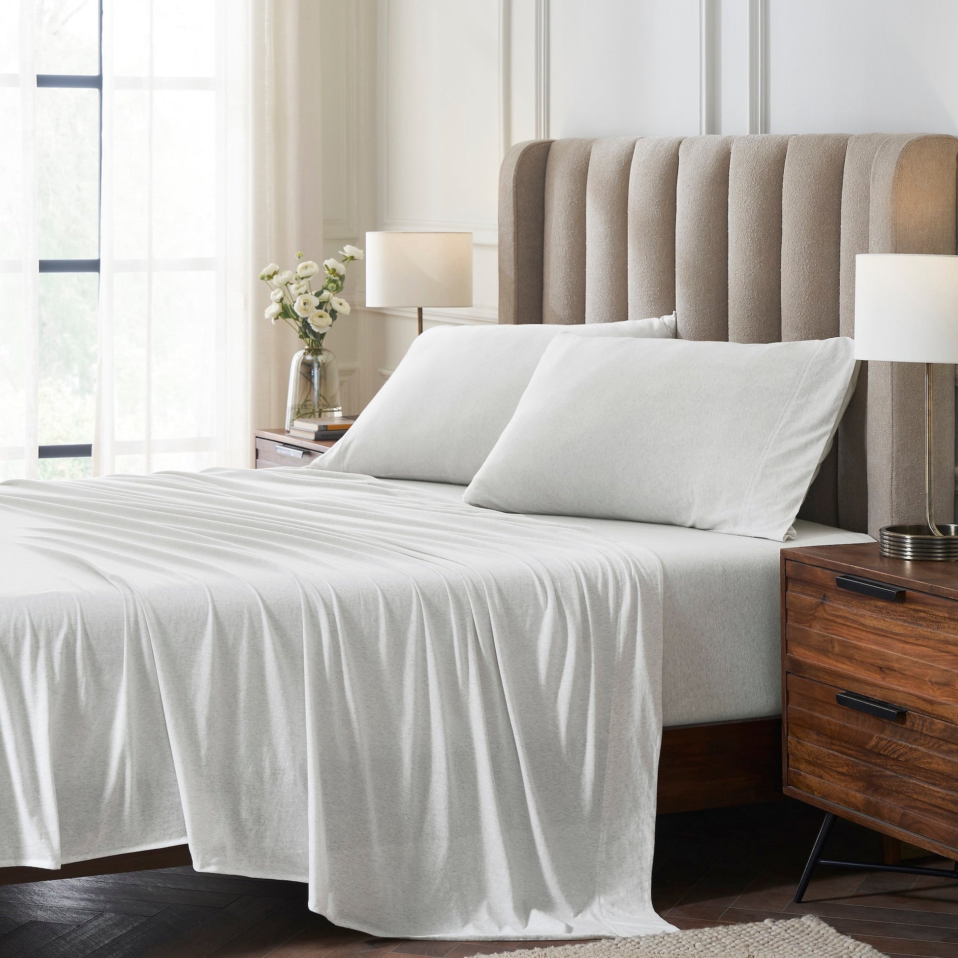 CSS-525-7284_1|Soft heathered grey 100% cotton sheets on a plush bed, creating a relaxed and cozy bedroom feel. Breathable for comfort.