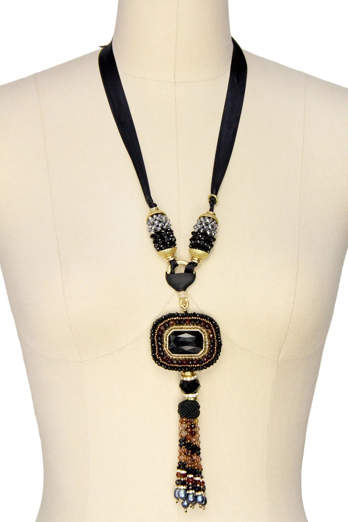 Tribal Tassel Ribbon Statement Necklace Black