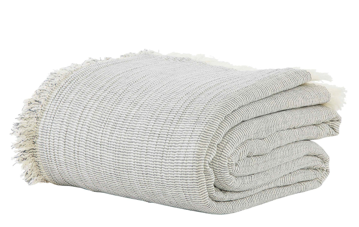 BT-113-11096_3|Folded light gray and white striped textured blanket with fringed edges, showcasing its soft, cozy design.