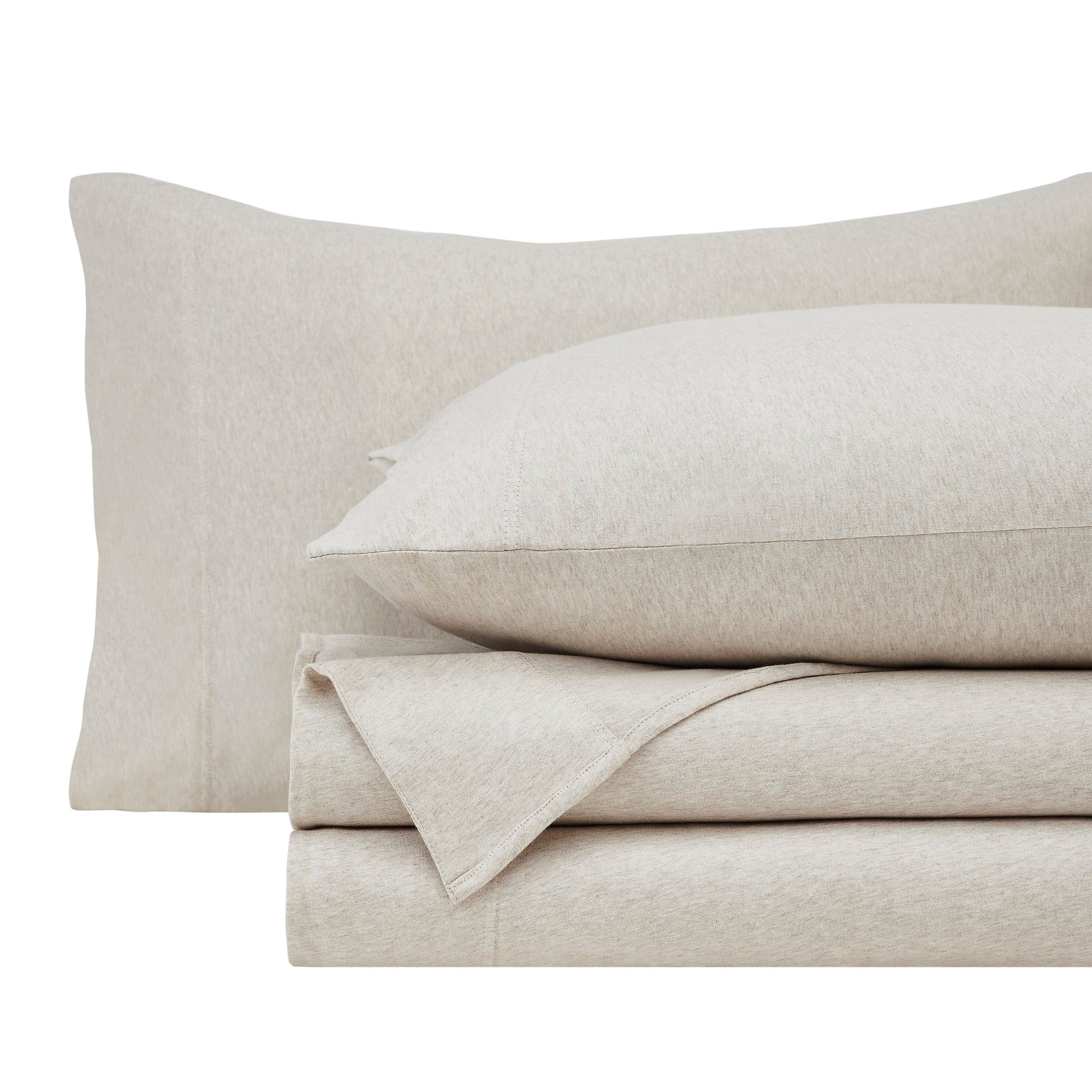 CSS-527-7284_5|Stacked soft light beige melange 100% cotton sheet set, including a pillowcase, on a clean white background.