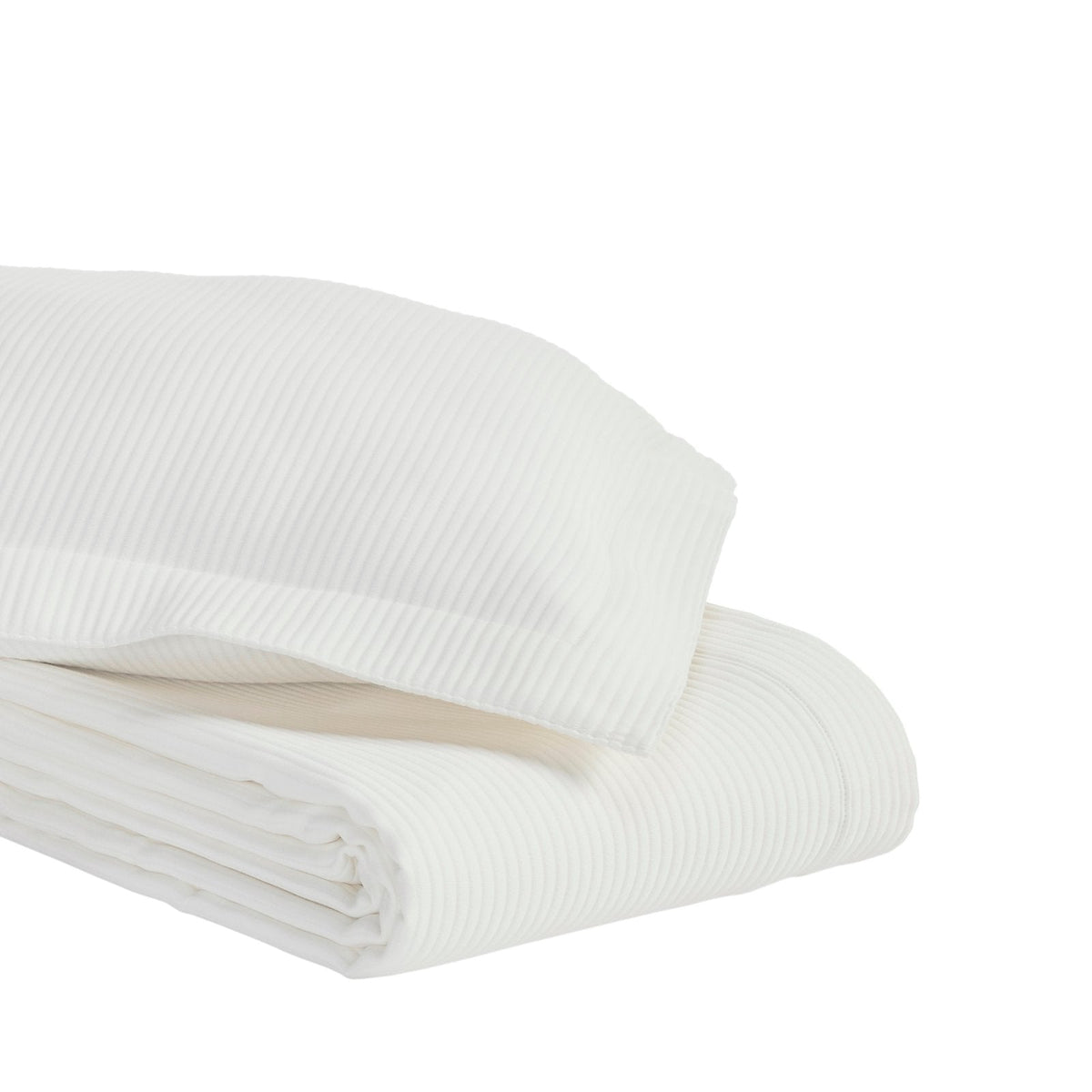 CL-192-9496_5|Neatly folded white striped coverlet and matching pillow, highlighting its crisp texture and quality fabric for bedding.