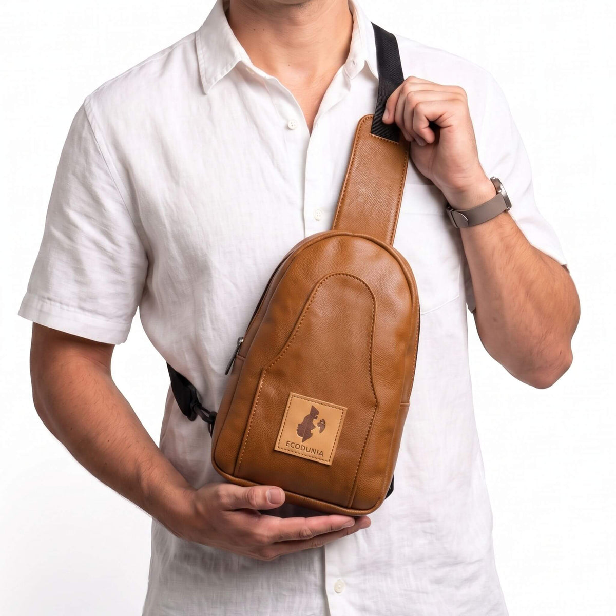 Buru dark tan vegan leather hands-free sling bag #color_brown
