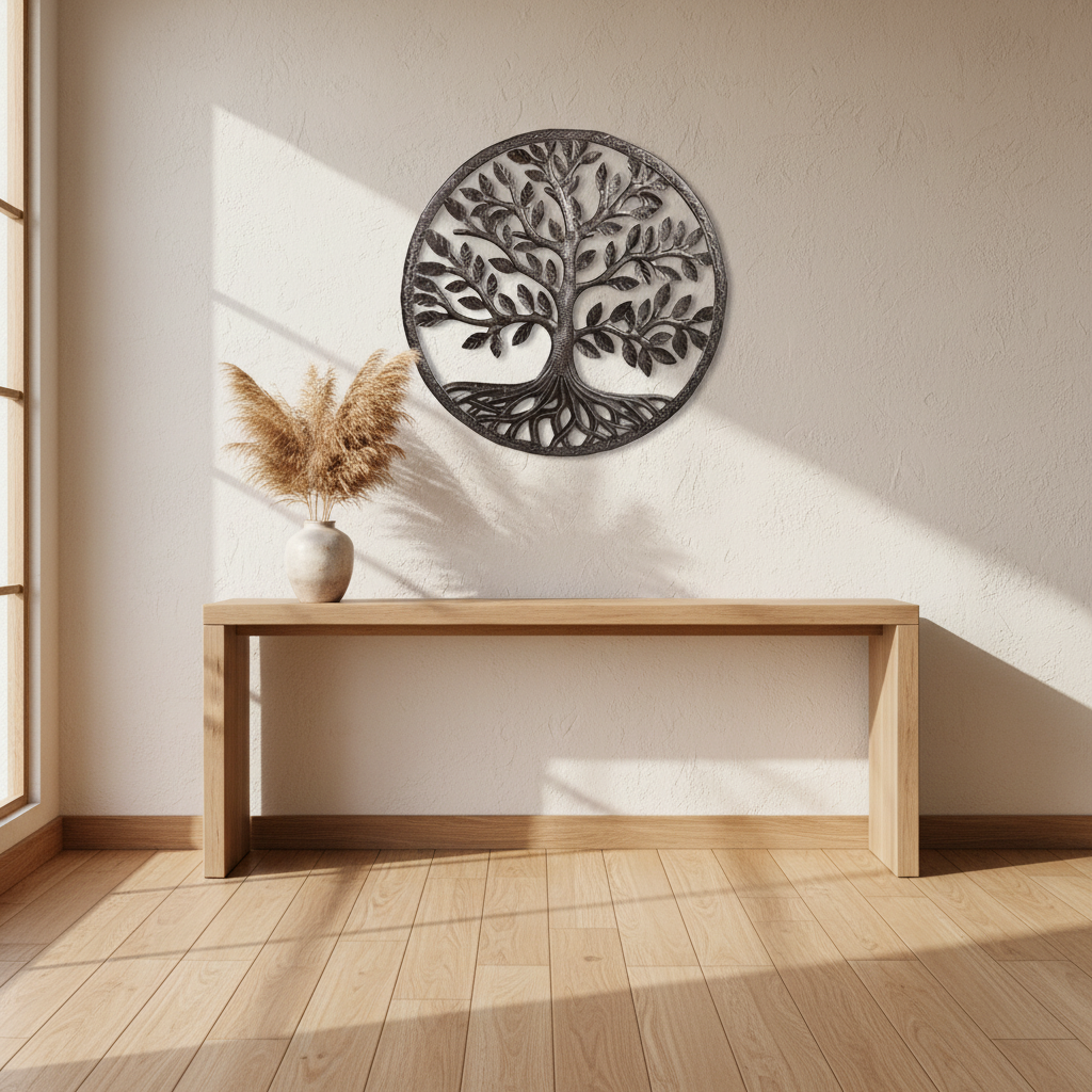 Classic Tree of Life Unpainted Haitian metal wall art in coastal entryway with pampas grass and wood floors