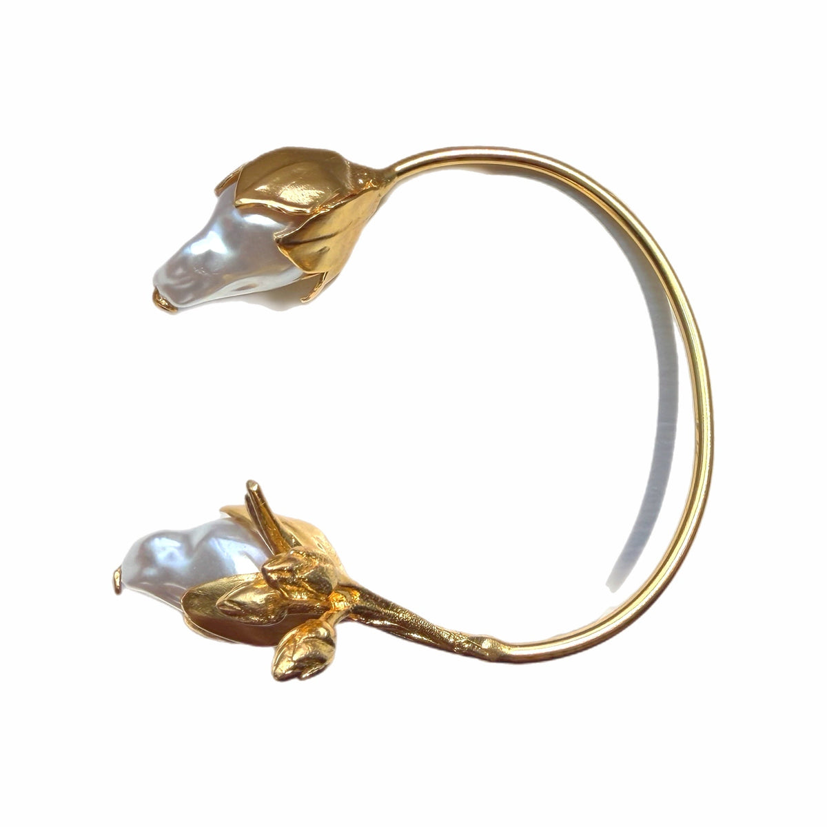Handmade Gold-plated cuff bangle with floral design and baroque pearls Facing left 