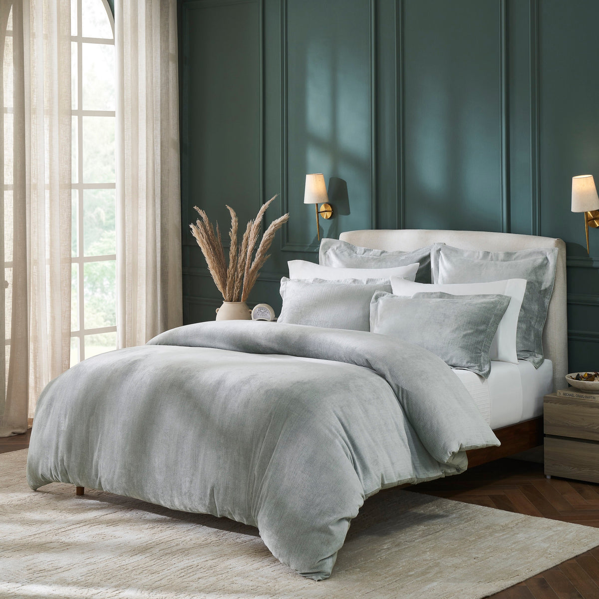 DT-054-9092_2|Luxurious sage green corduroy textured duvet cover set, soft velvet feel, elegant bedroom bedding, cozy comfortable design