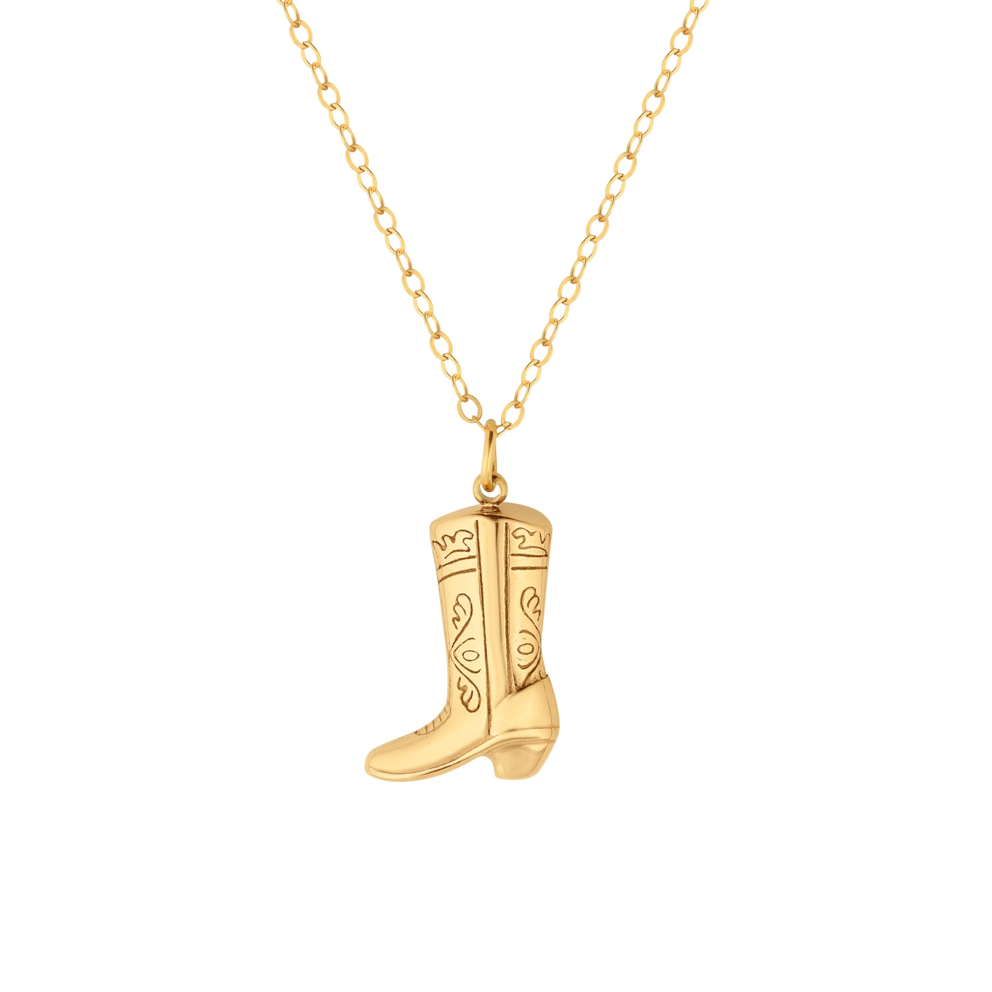 A gold-filled 18-inch necklace with a magnetic clasp featuring a cowboy boot charm.