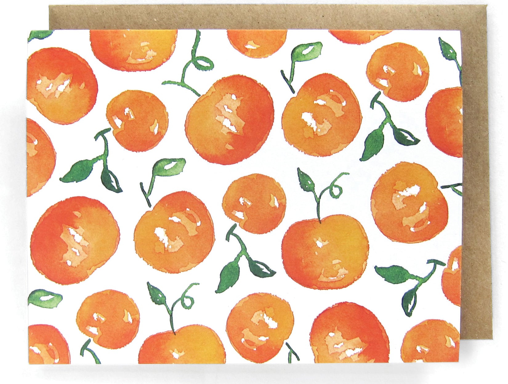 White card with watercolor clementines design, with a brown envelope
