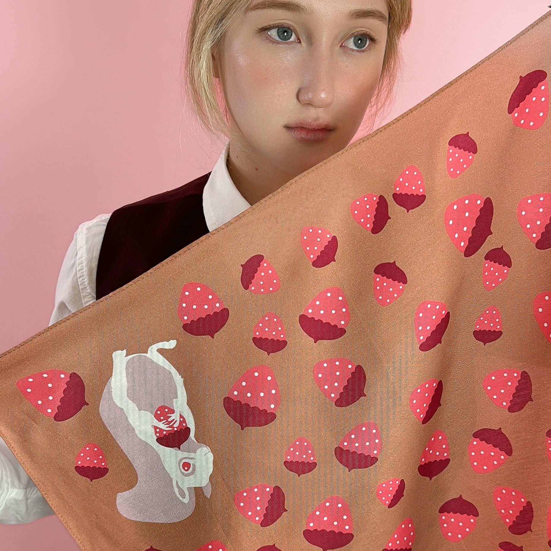 Pink Albino squirrel with a strawberry acorn on mocha mousse brown and burgundy cotton silk bandana from centinelle. Made of a luxurious cotton and silk twill blend with a precise machine-stitched hem. Ethically sourced 