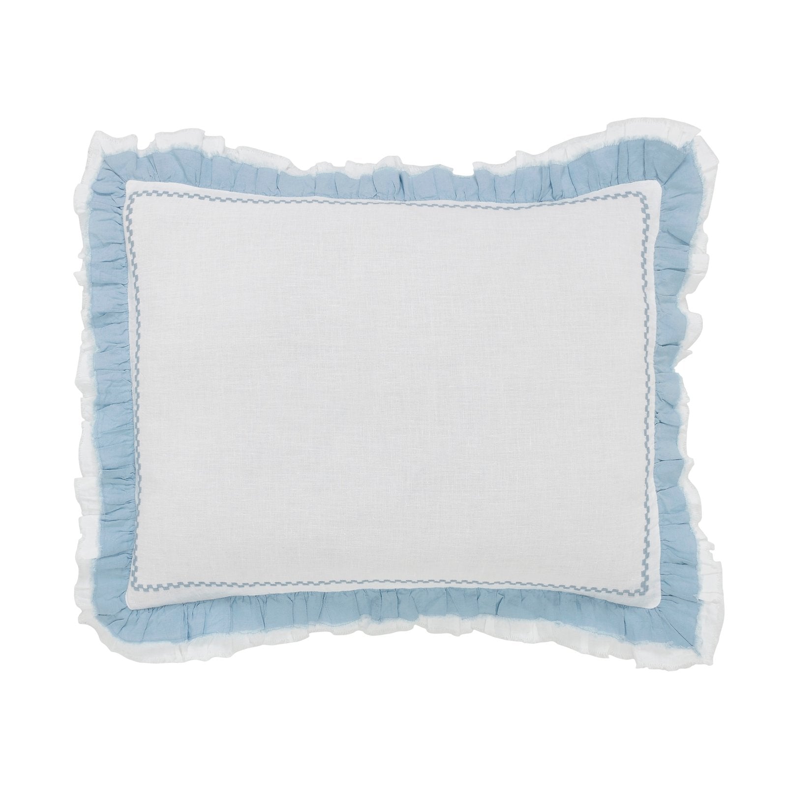 SS-028-2026_1|Crisp white linen duvet cover with elegant light blue ruffled border and subtle embroidery for a fresh, classic bedroom look.